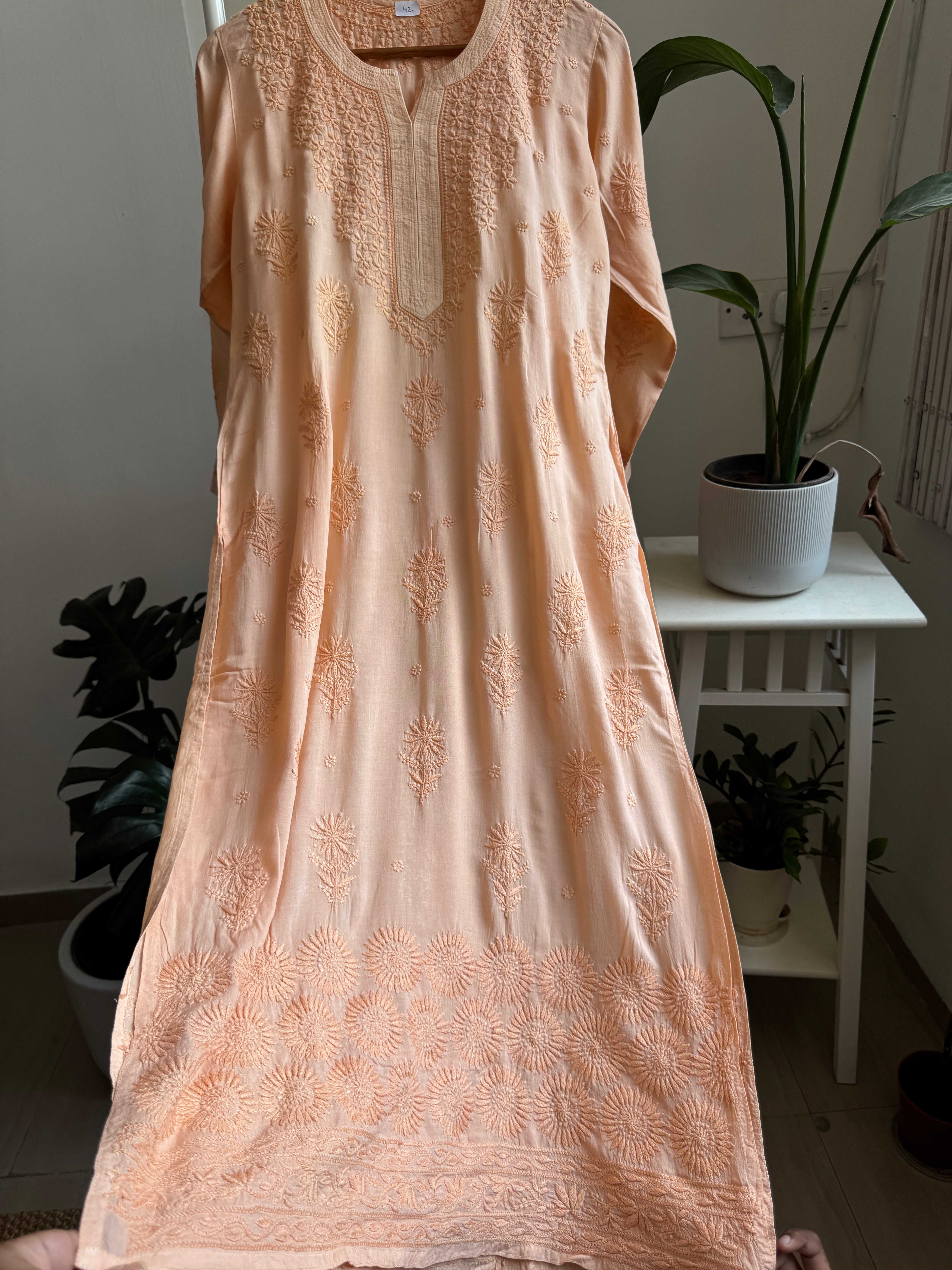 Premium Modal Chikankari Cotton Kurti - Peach