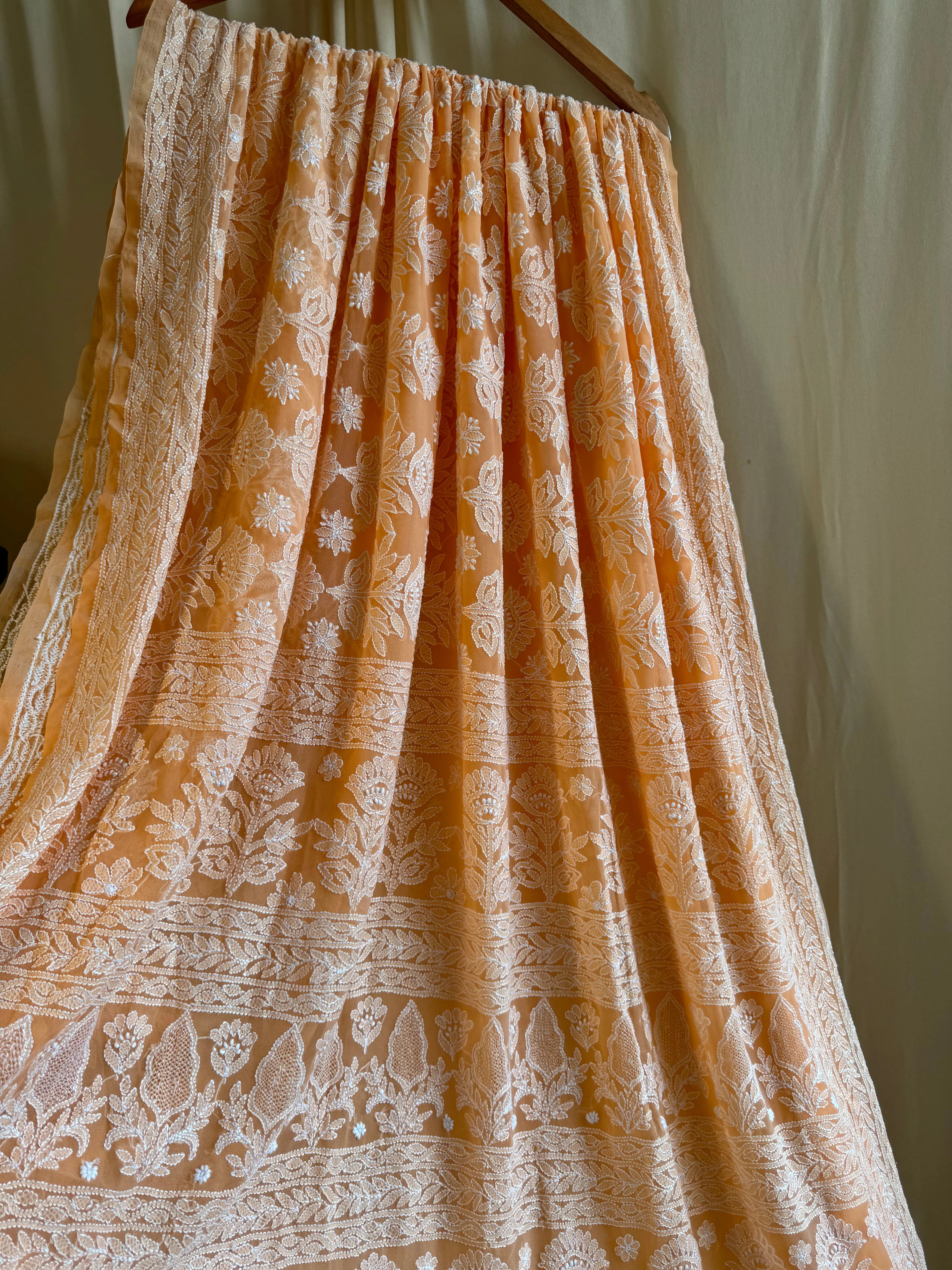 Georgette Chikankari saree in Sunset Orange ARIAA CHIKANKARI 