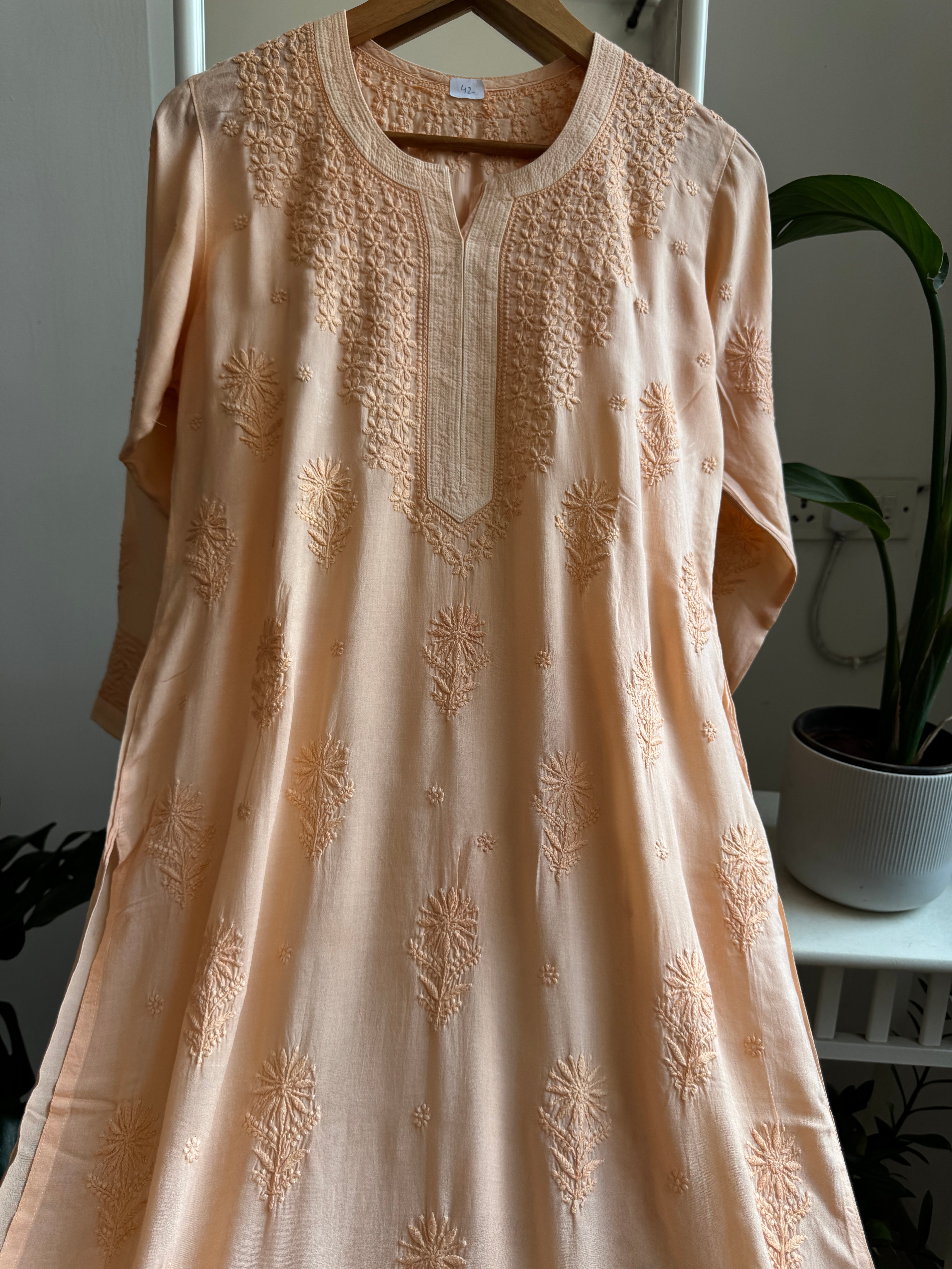Premium Modal Chikankari Cotton Kurti - Peach