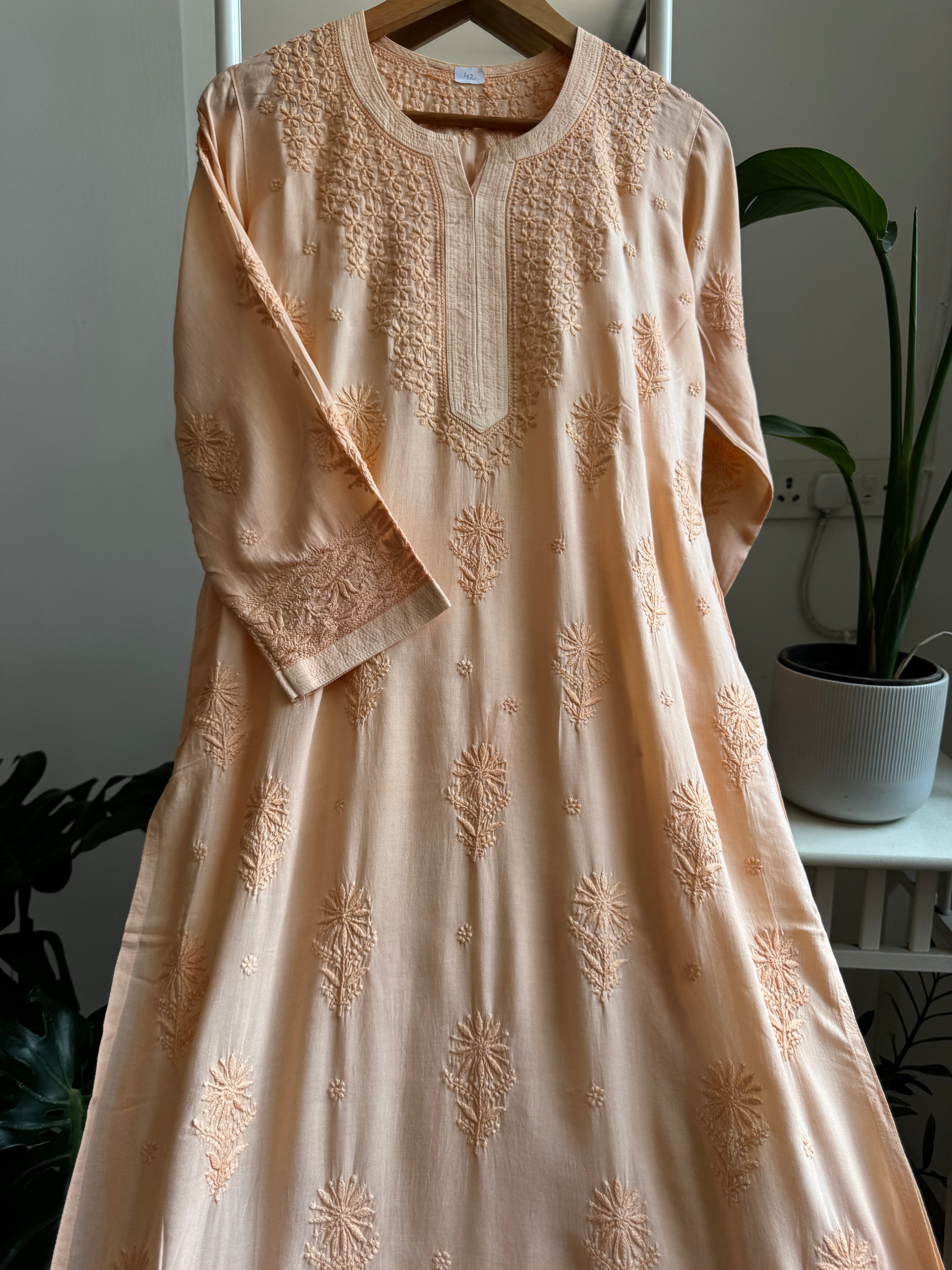 Premium Modal Chikankari Cotton Kurti - Peach-Noor Collection ARIAA CHIKANKARI 