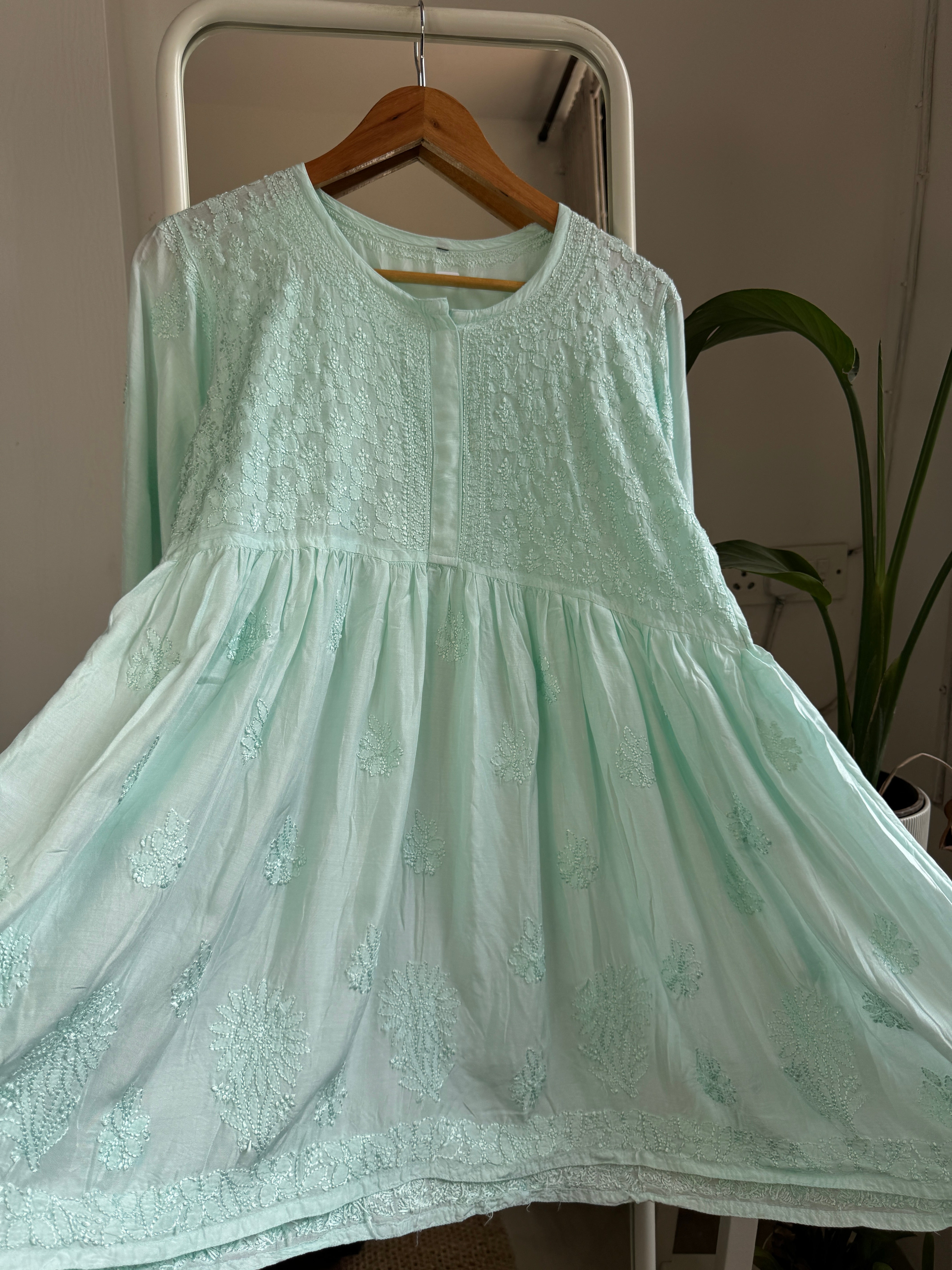Chikankari Muslin Peplum short Top in Cyan ARIAA CHIKANKARI 