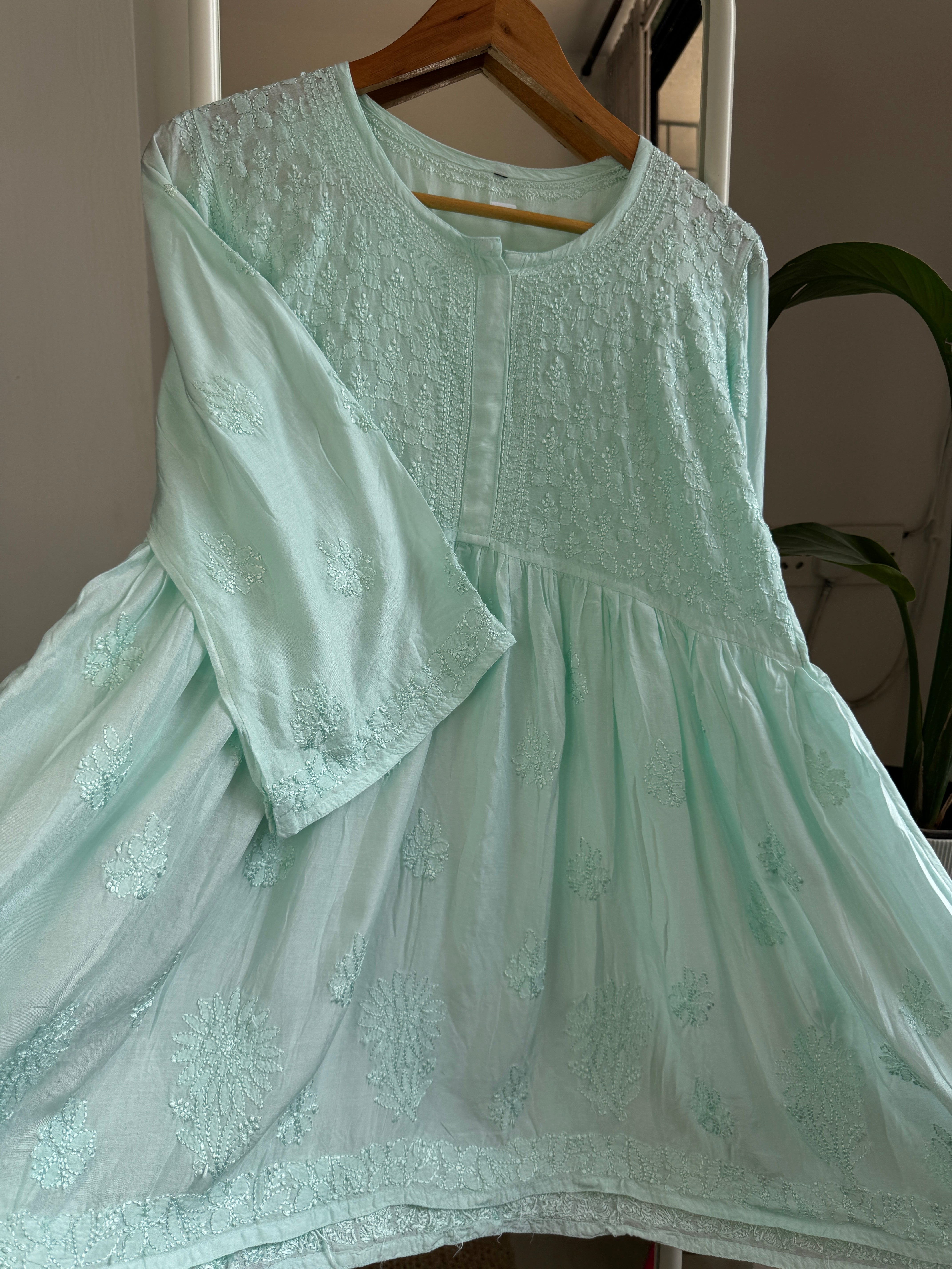 Chikankari Muslin Peplum short Top in Cyan ARIAA CHIKANKARI 