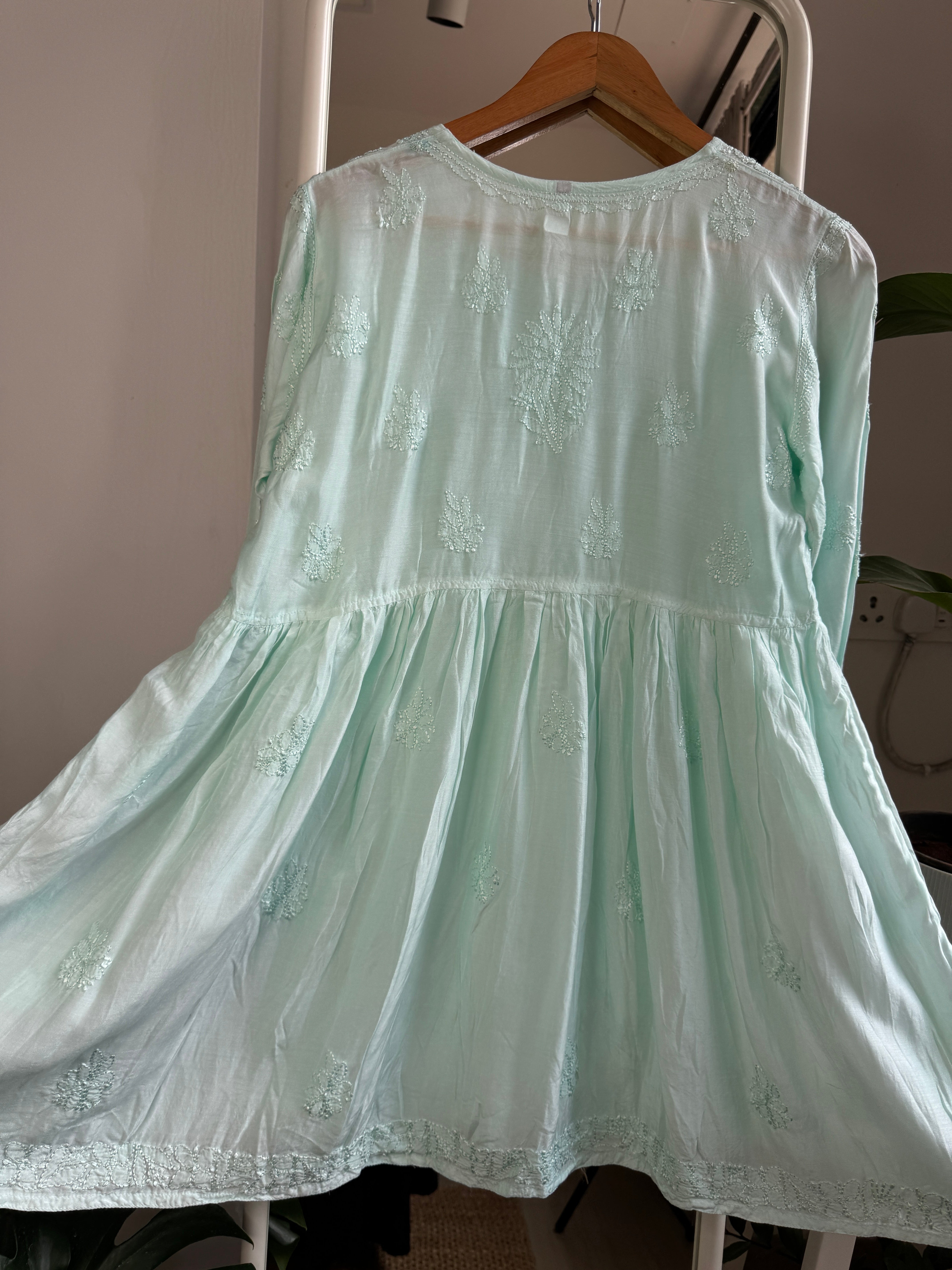 Chikankari Muslin Peplum short Top in Cyan ARIAA CHIKANKARI 