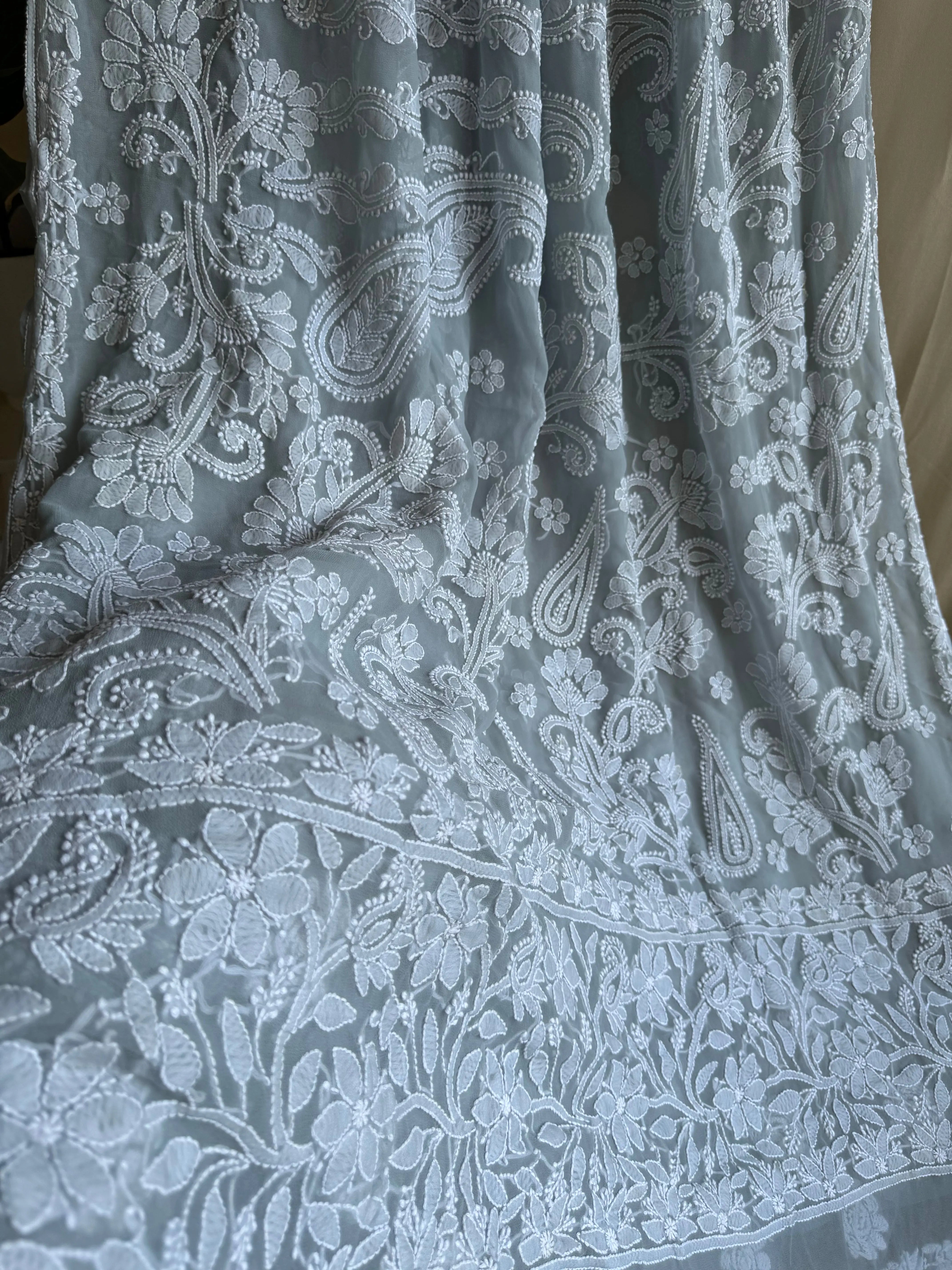 Georgette Chikankari saree in Grey ARIAA CHIKANKARI 