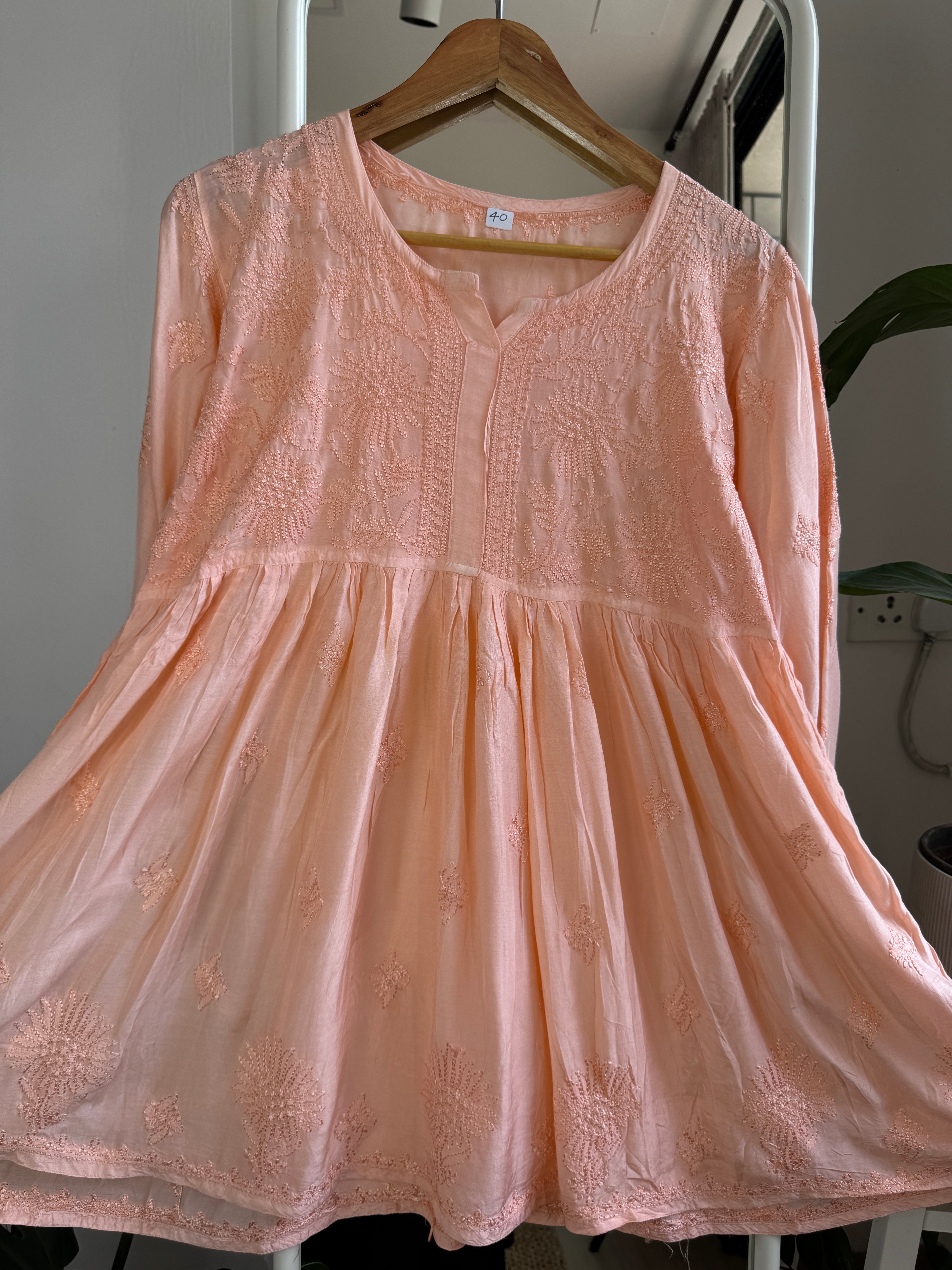Chikankari Muslin Peplum short Top in Peach ARIAA CHIKANKARI 