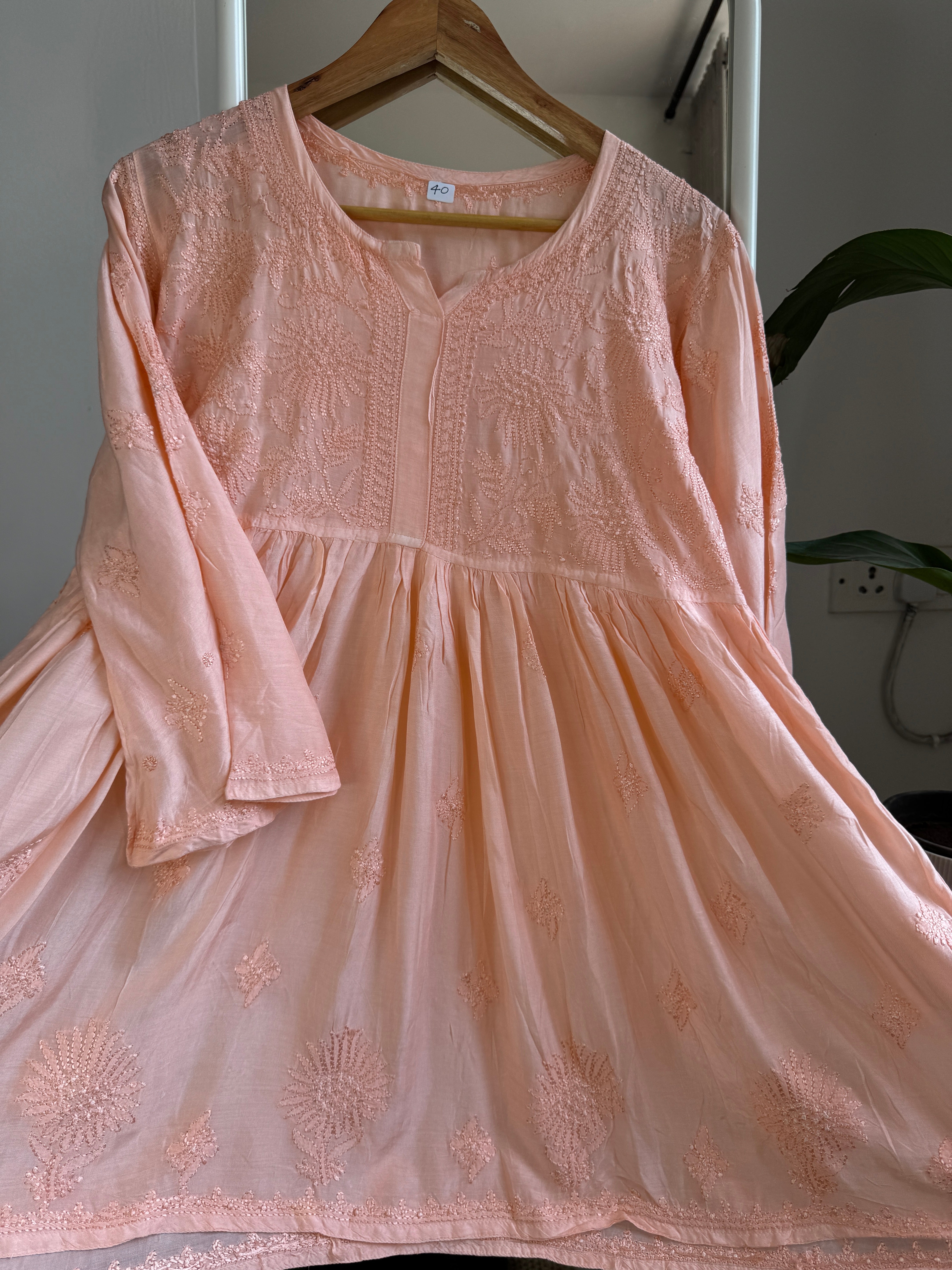 Chikankari Muslin Peplum short Top in Peach ARIAA CHIKANKARI 