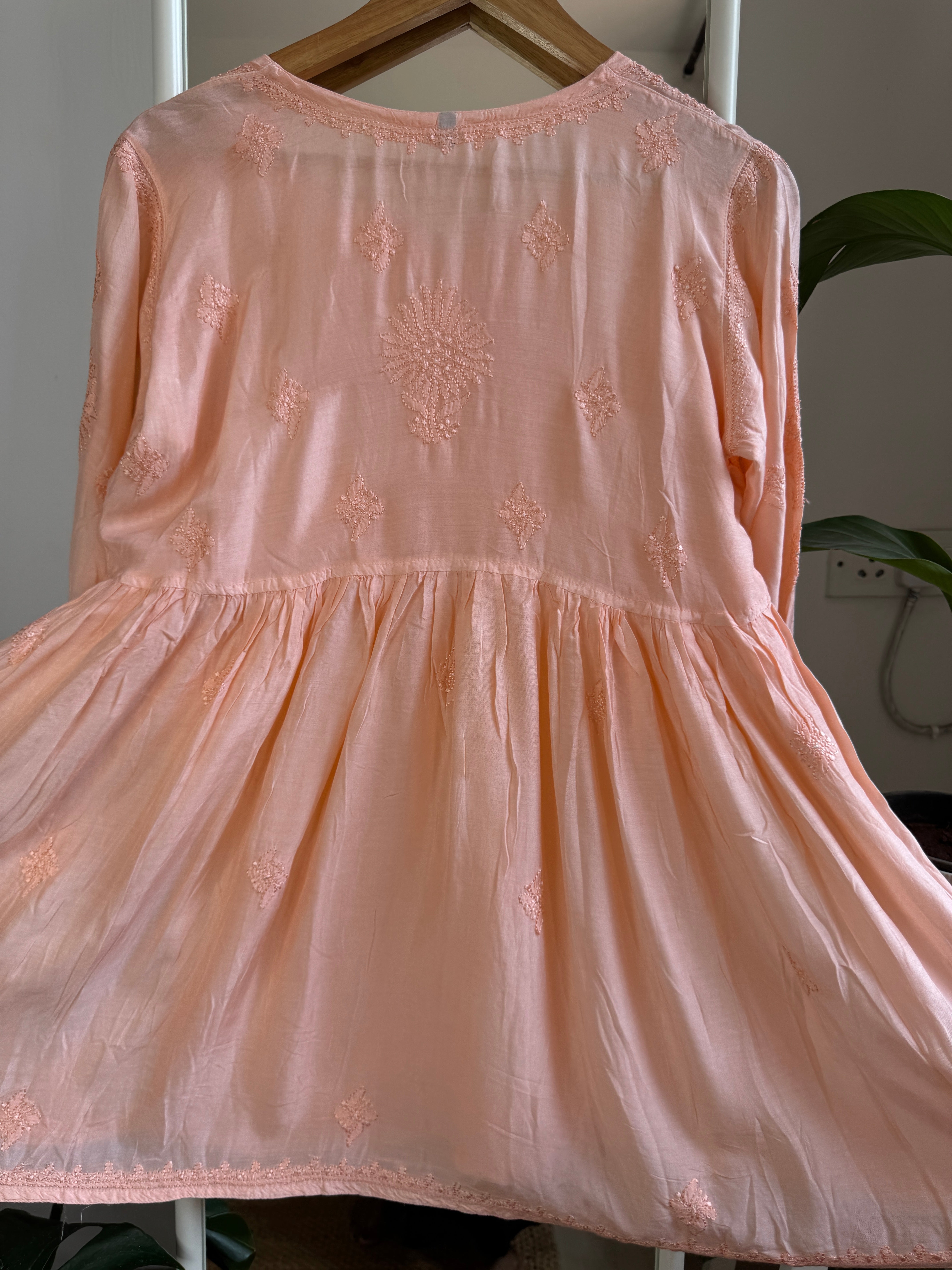 Chikankari Muslin Peplum short Top in Peach ARIAA CHIKANKARI 
