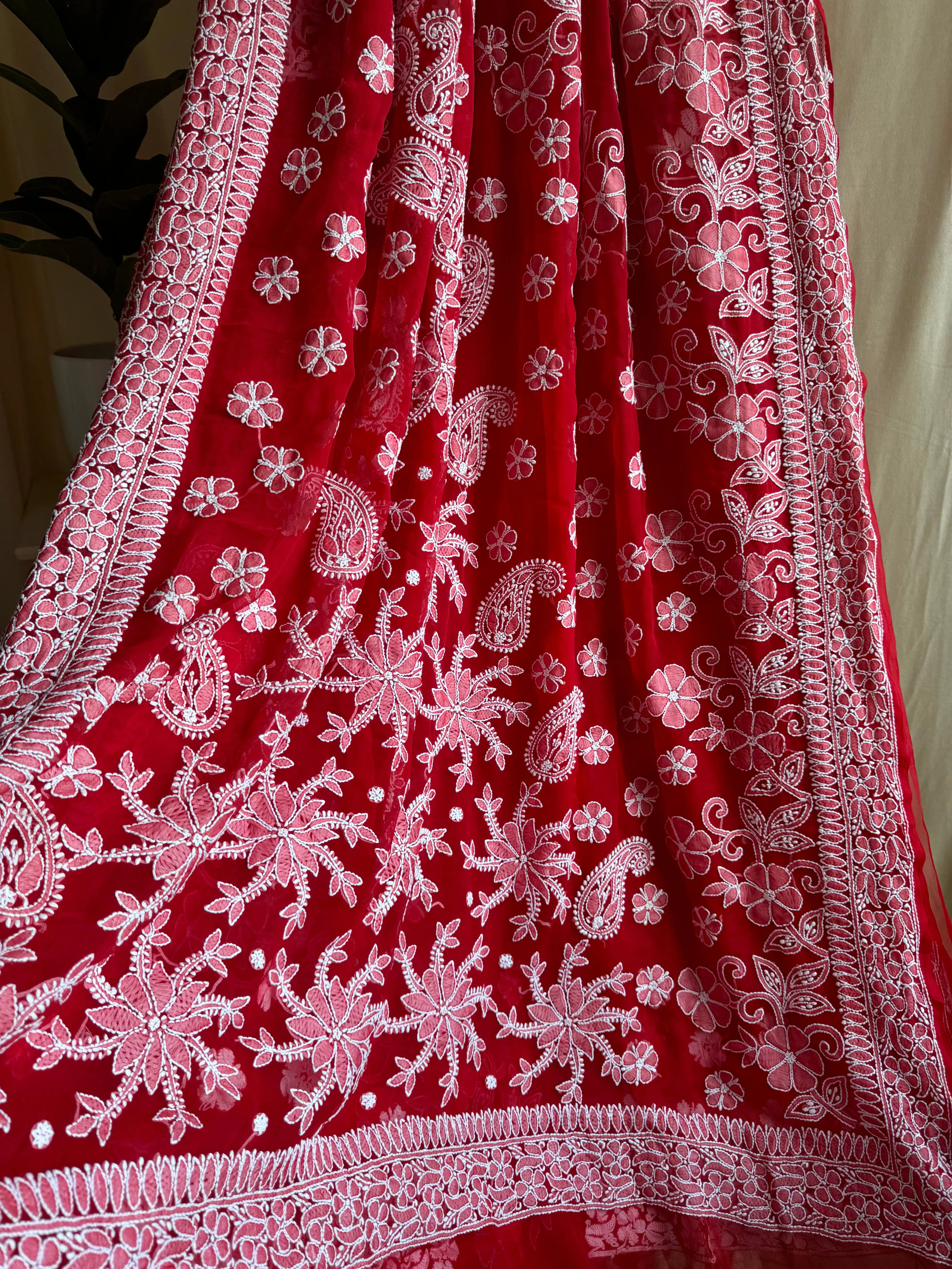 Georgette Chikankari saree in Red ARIAA CHIKANKARI 