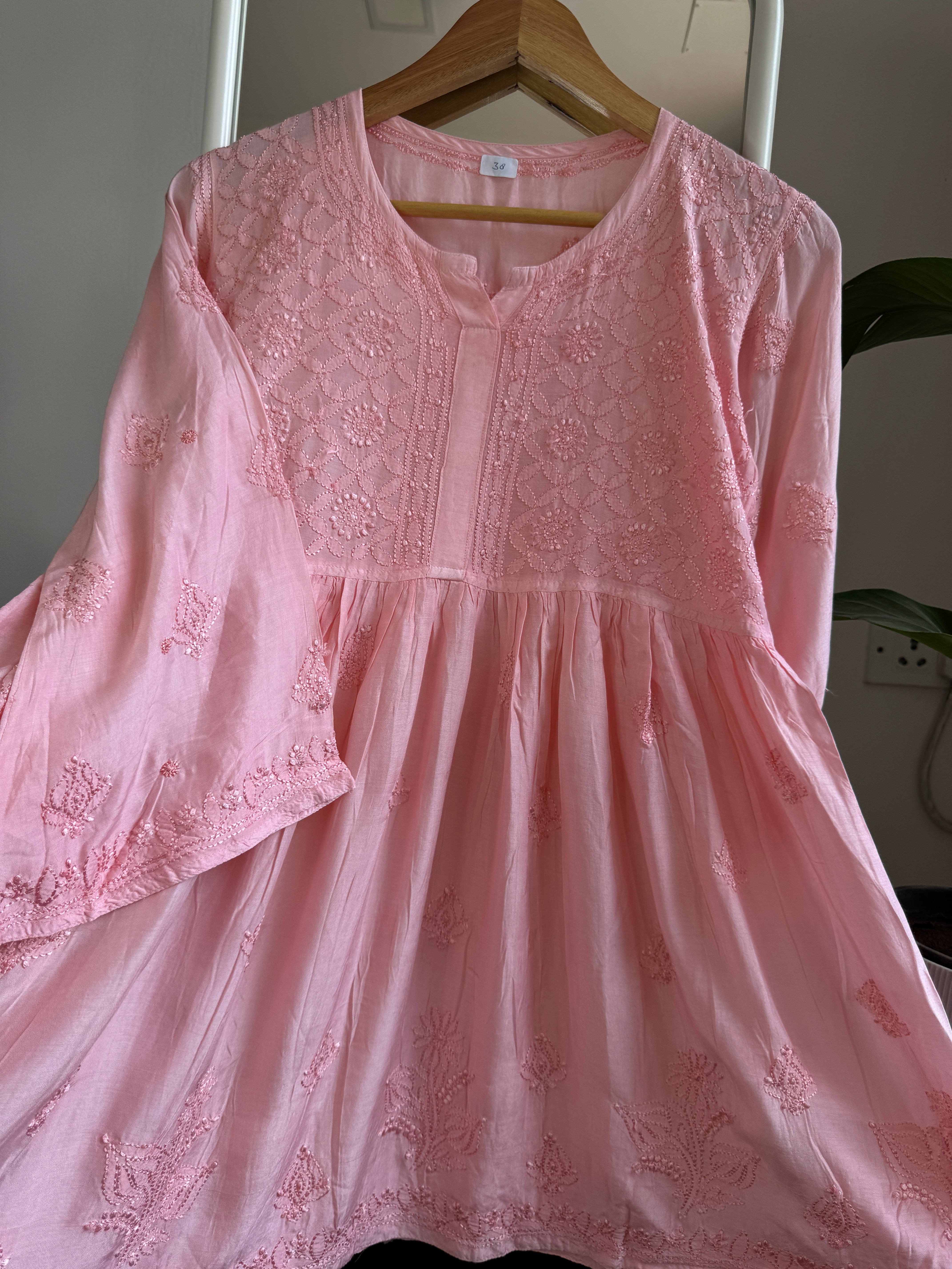 Chikankari Muslin Peplum short Top in Pink ARIAA CHIKANKARI 
