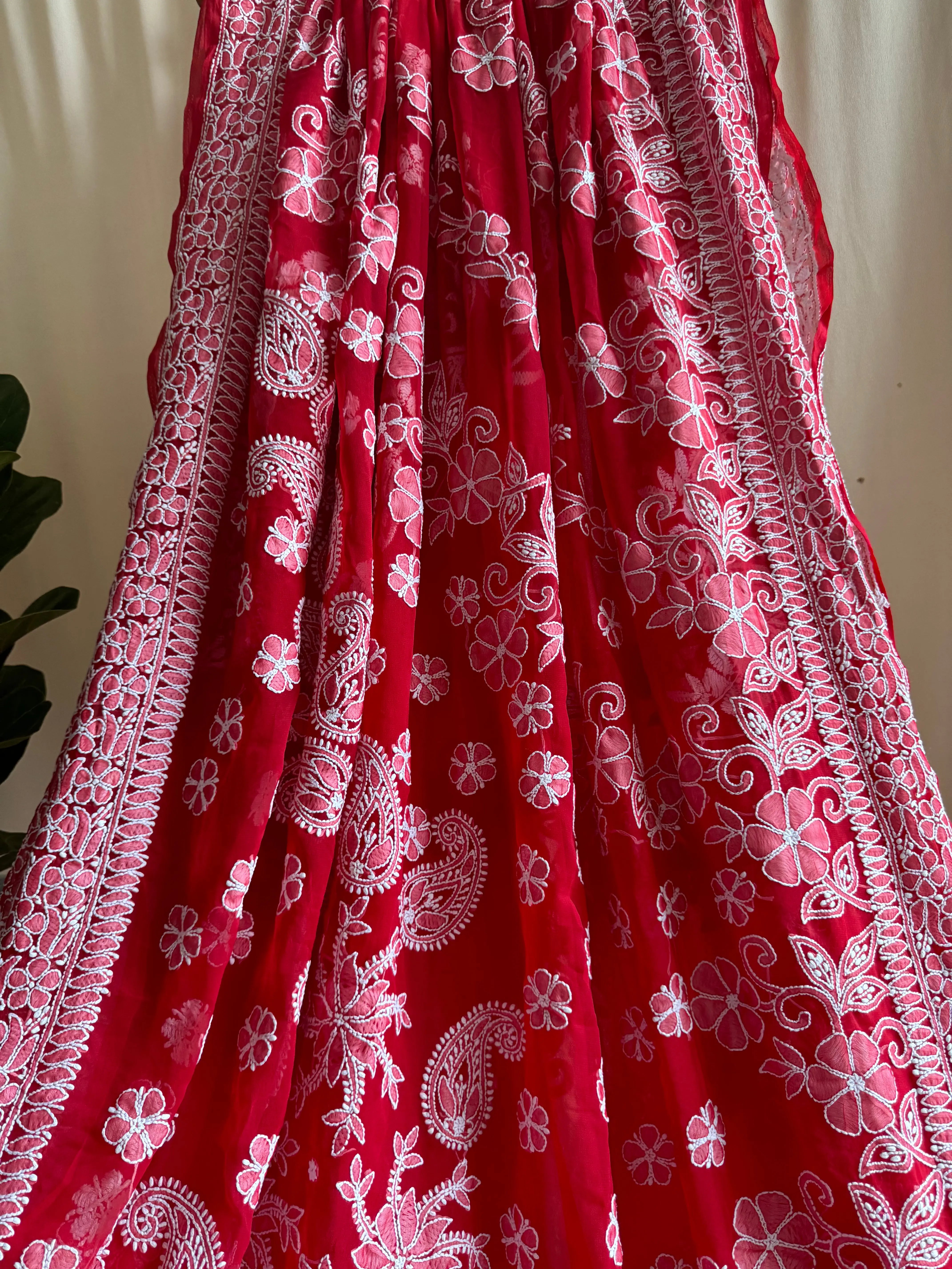 Georgette Chikankari saree in Red ARIAA CHIKANKARI 