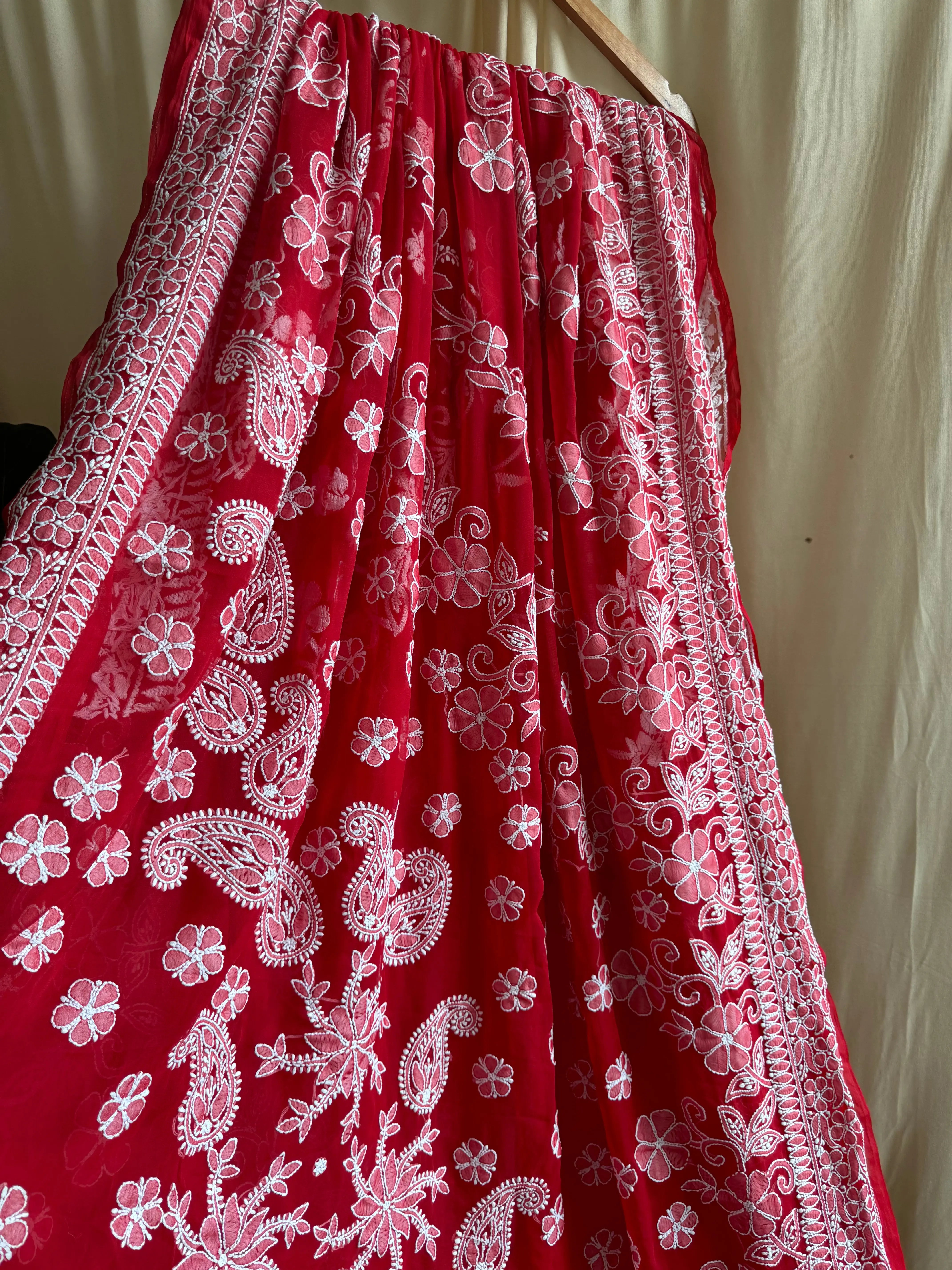 Georgette Chikankari saree in Red ARIAA CHIKANKARI 