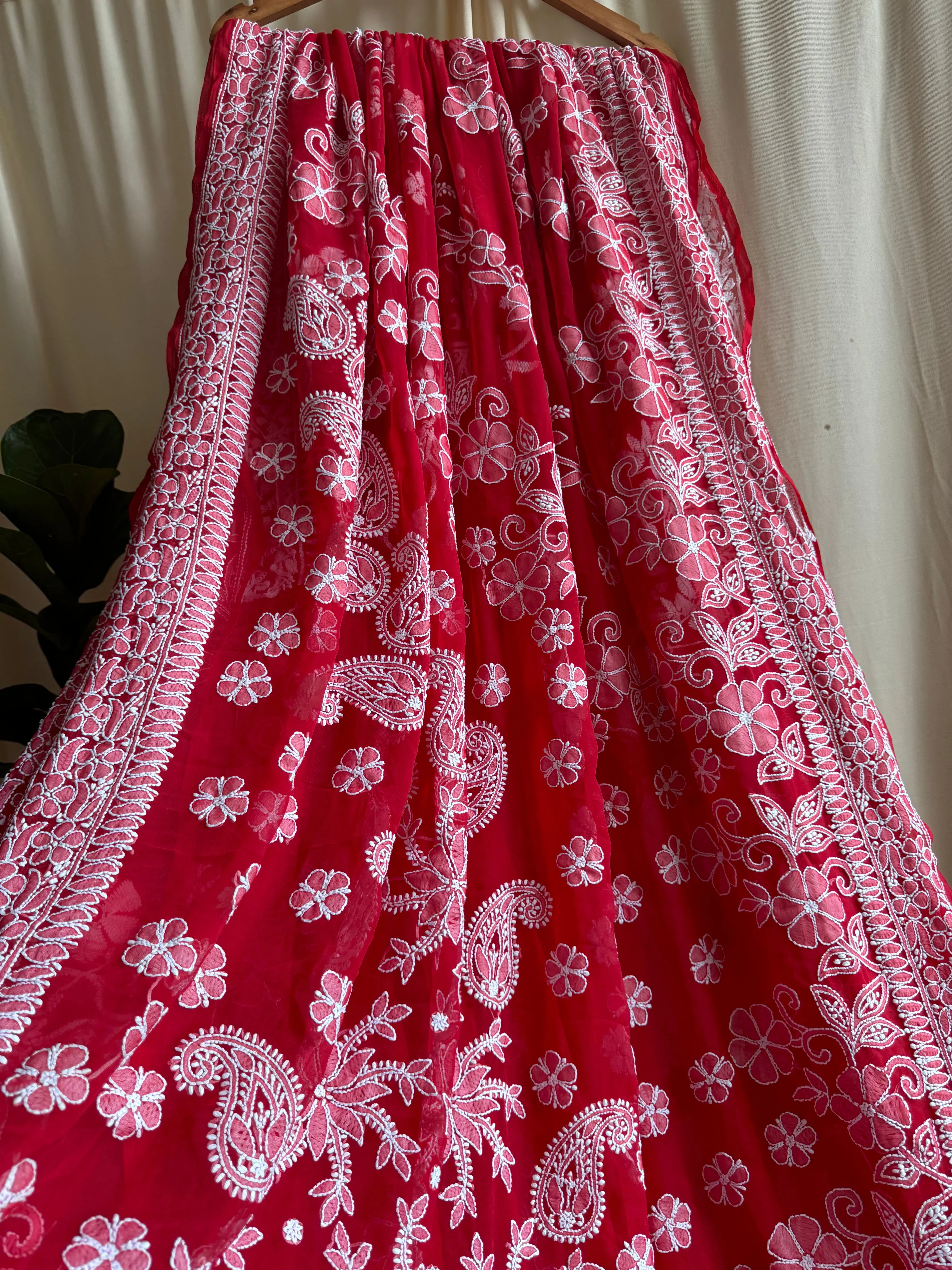 Georgette Chikankari saree in Red ARIAA CHIKANKARI 