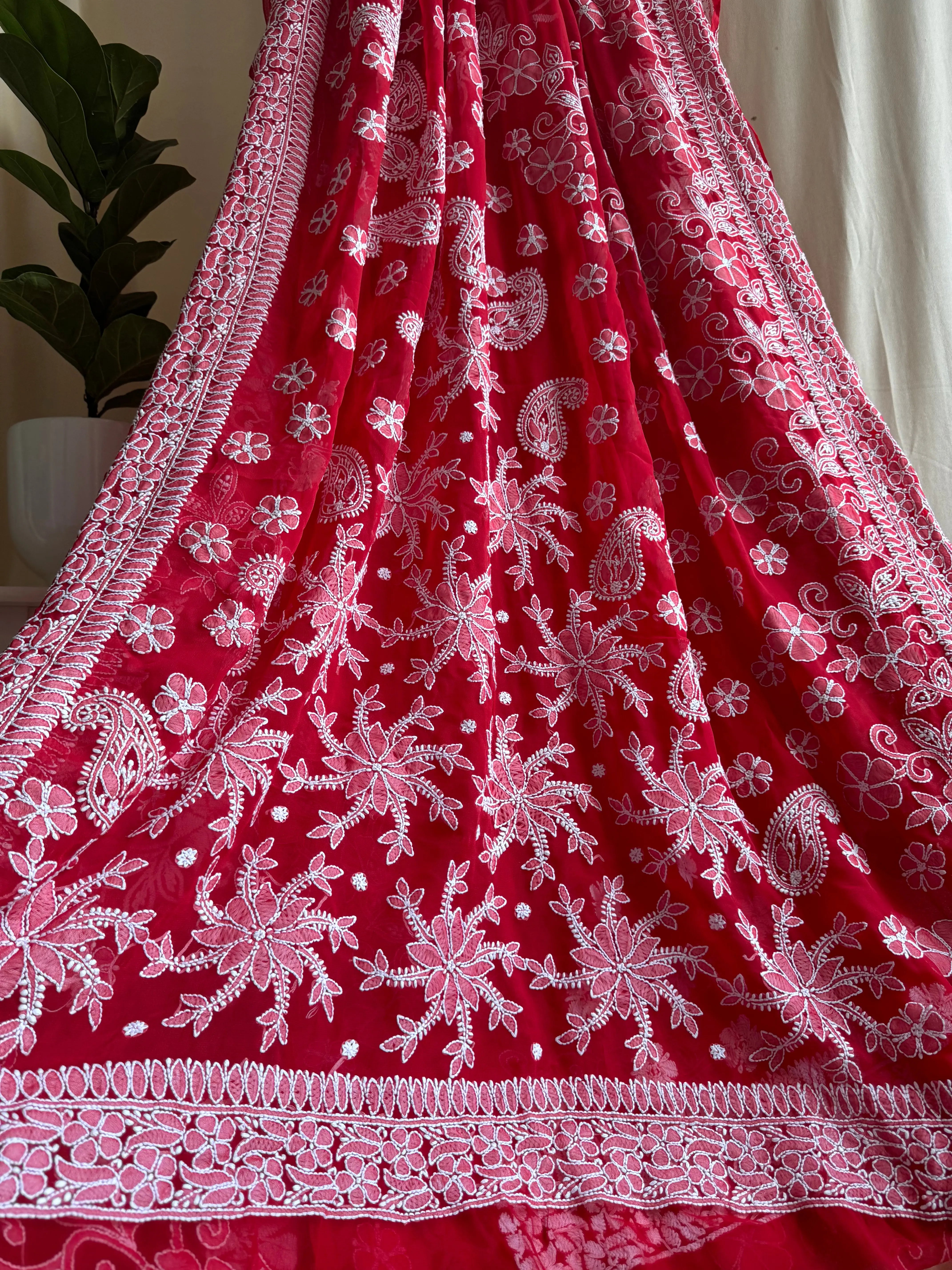 Georgette Chikankari saree in Red ARIAA CHIKANKARI 