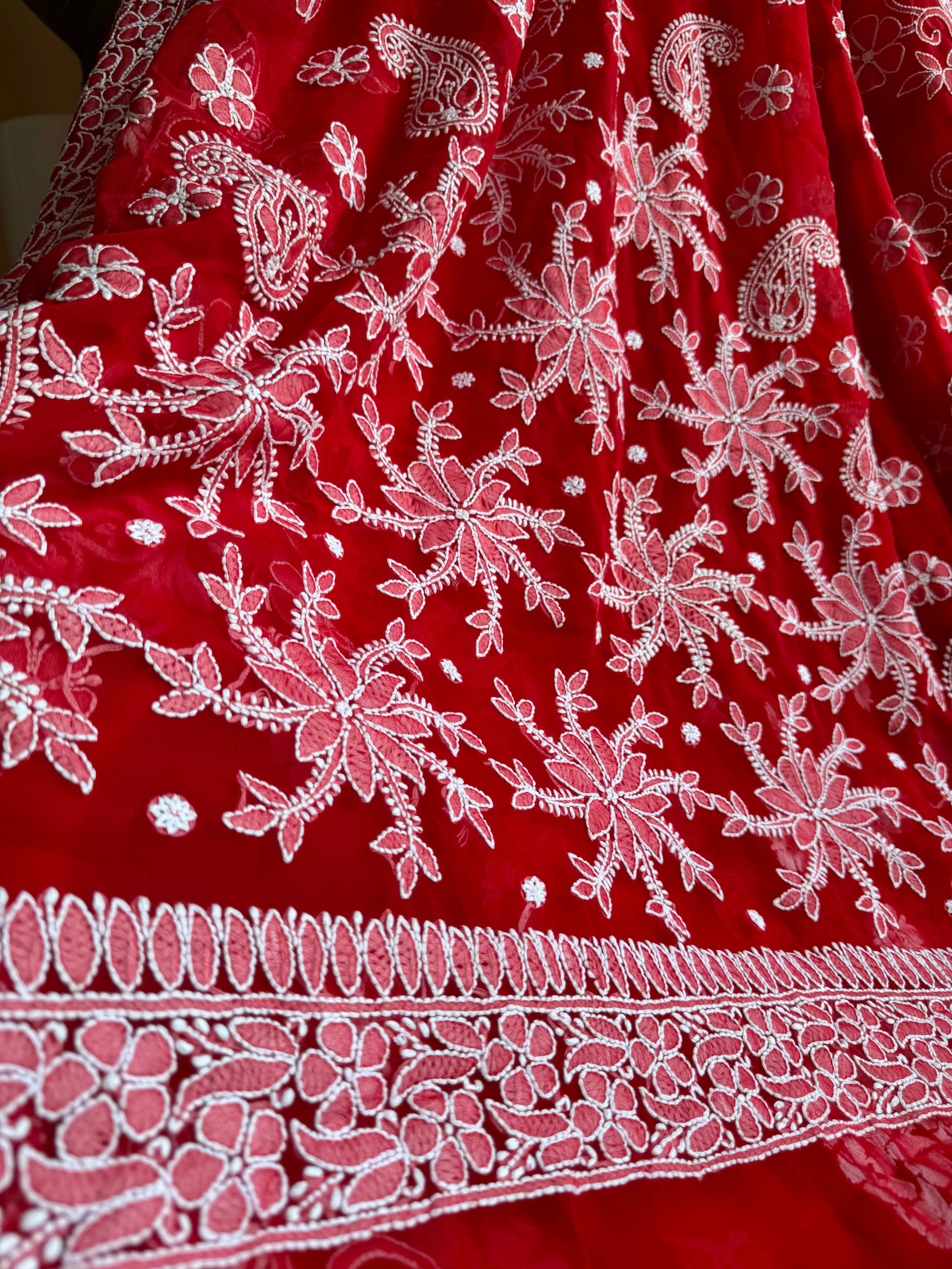 Georgette Chikankari saree in Red ARIAA CHIKANKARI 