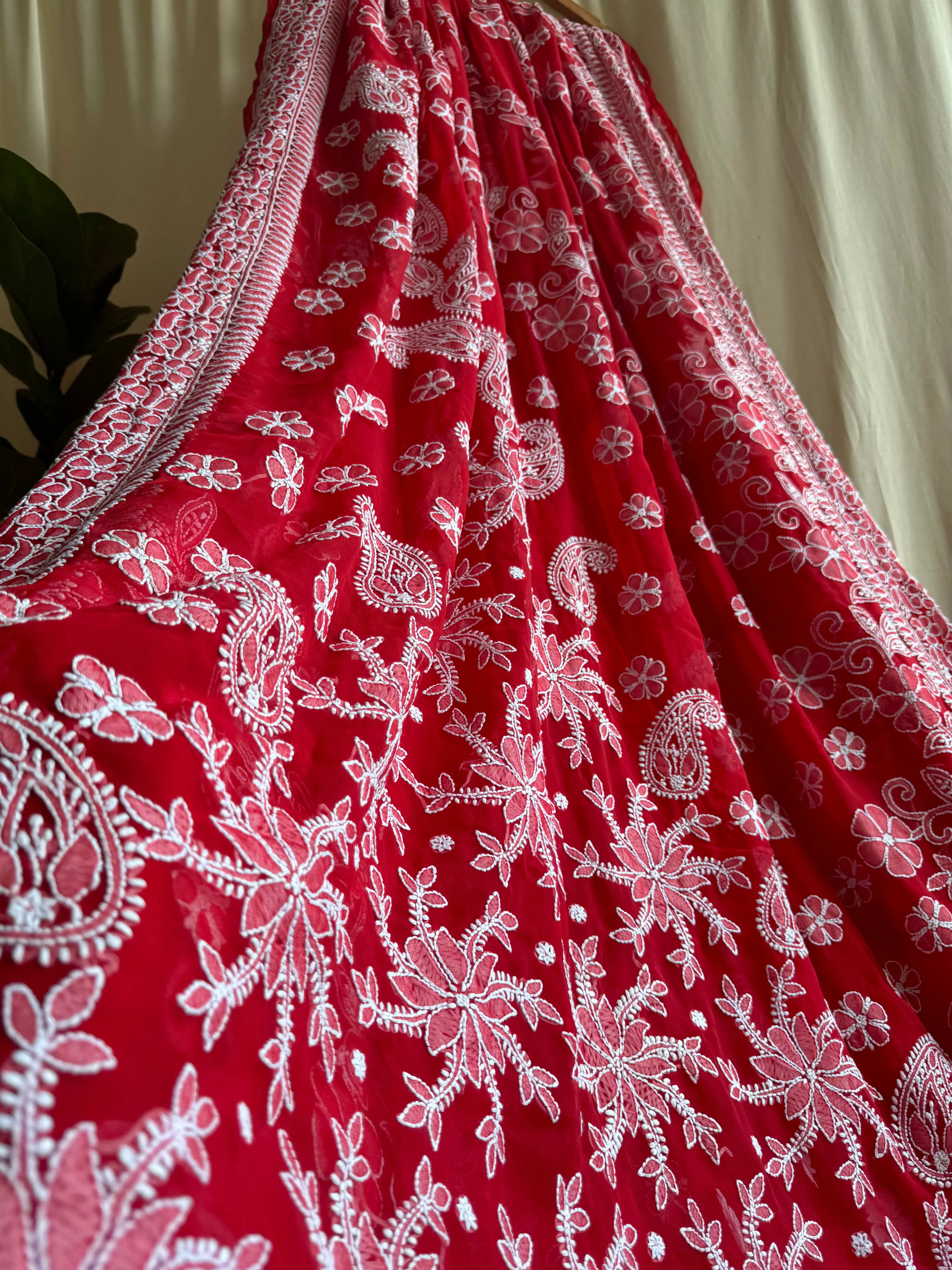 Georgette Chikankari saree in Red ARIAA CHIKANKARI 