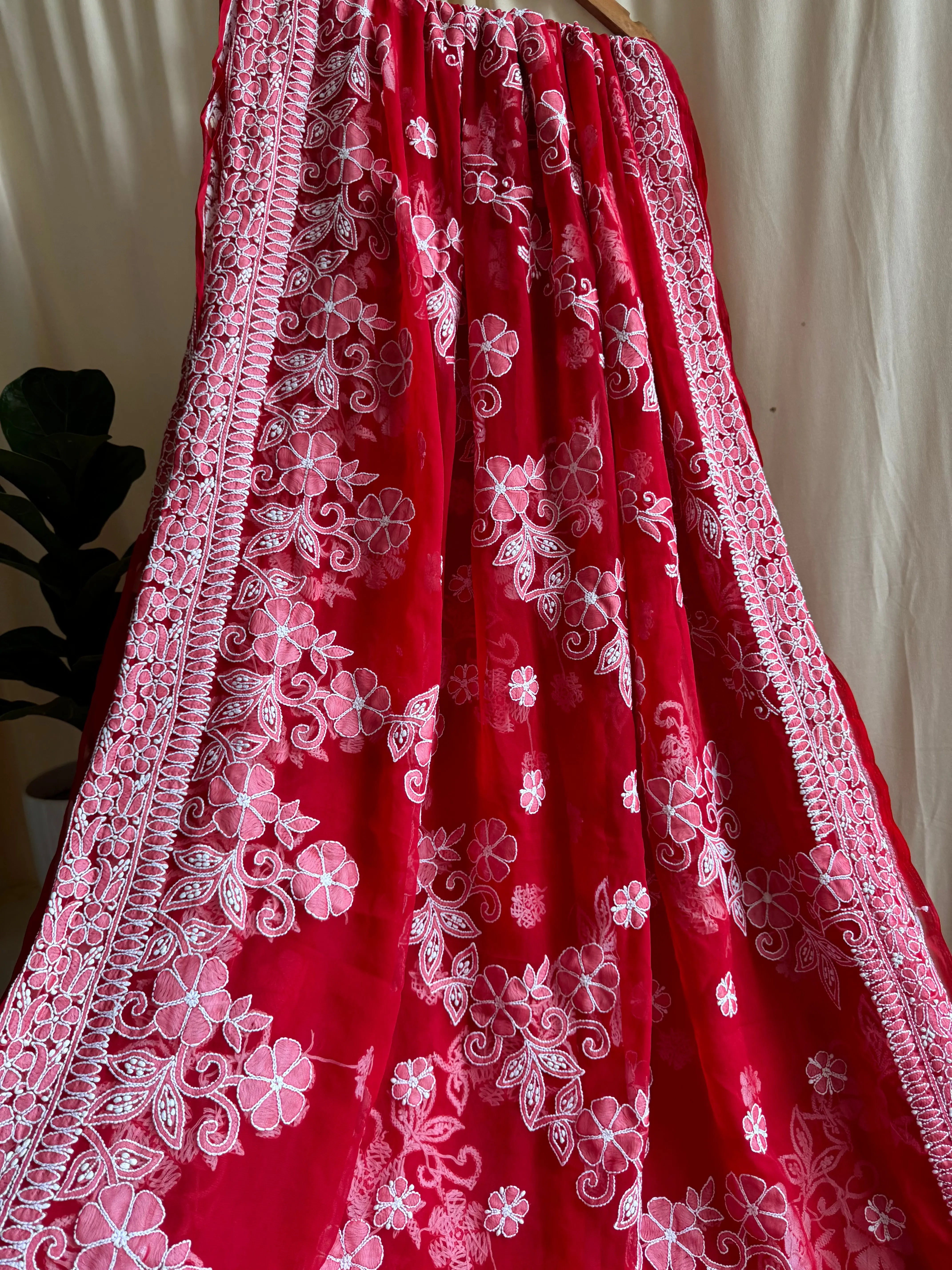 Georgette Chikankari saree in Red ARIAA CHIKANKARI 