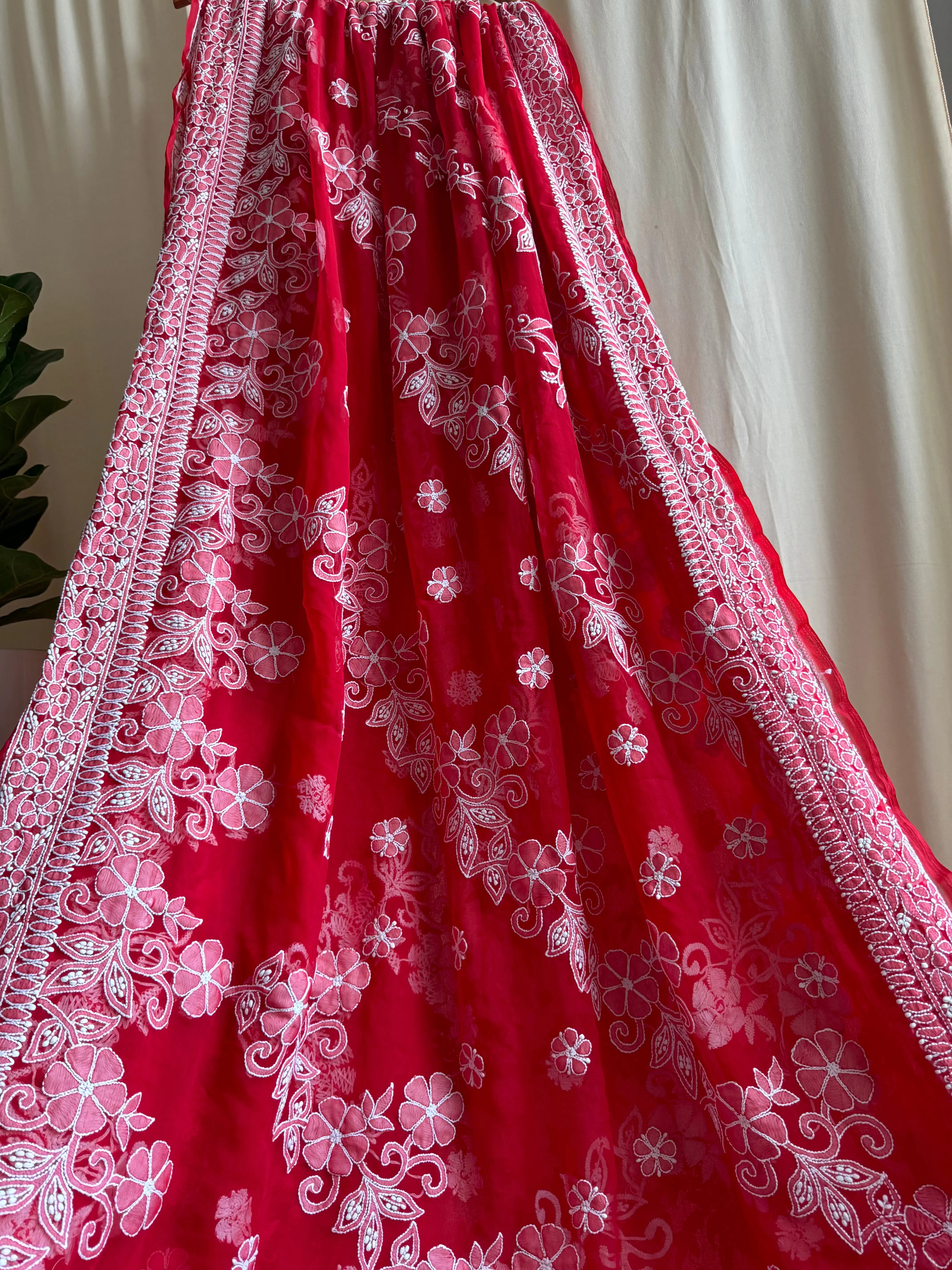 Georgette Chikankari saree in Red ARIAA CHIKANKARI 