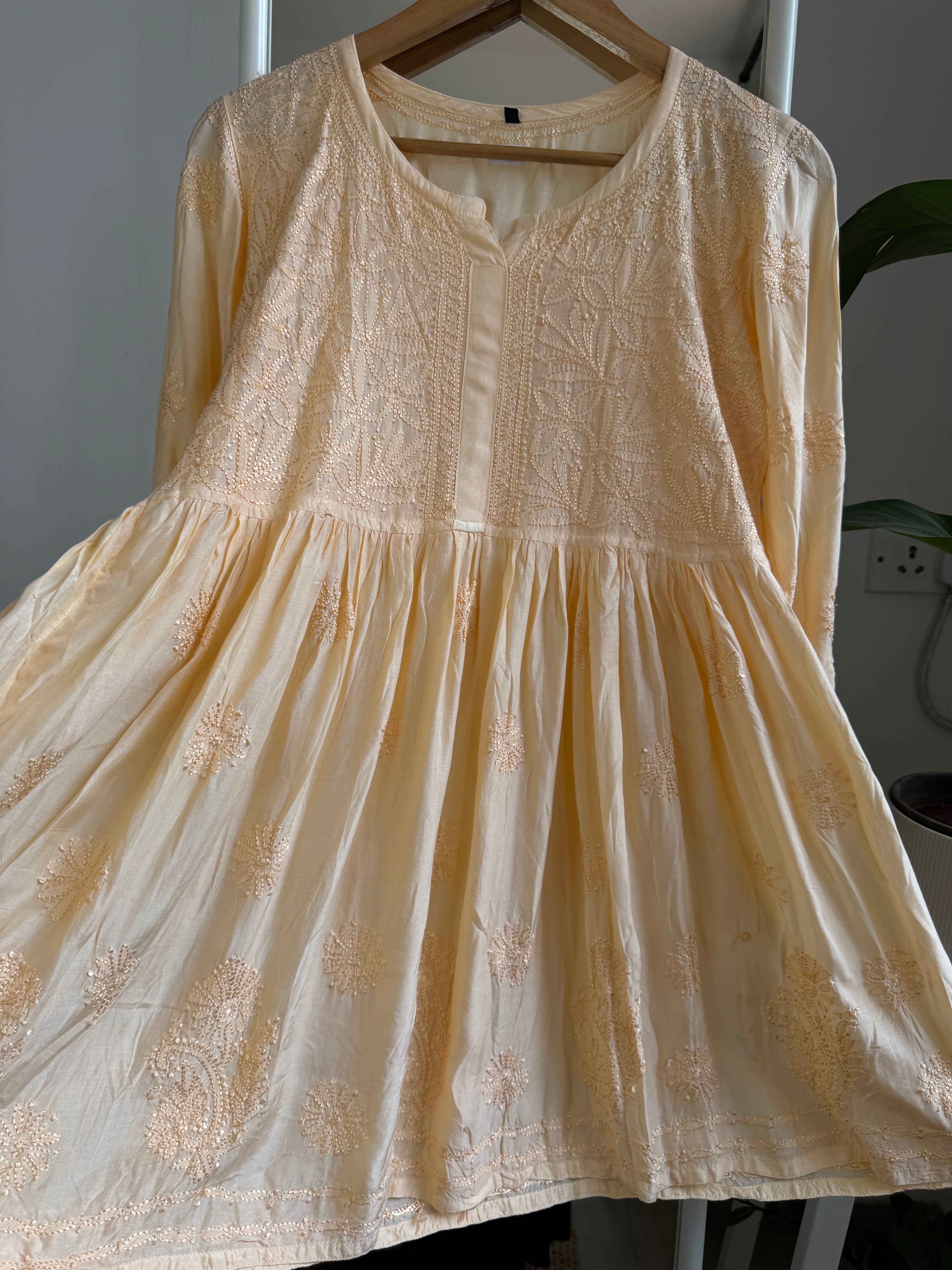 Chikankari Muslin Peplum short Top in Peach ARIAA CHIKANKARI 