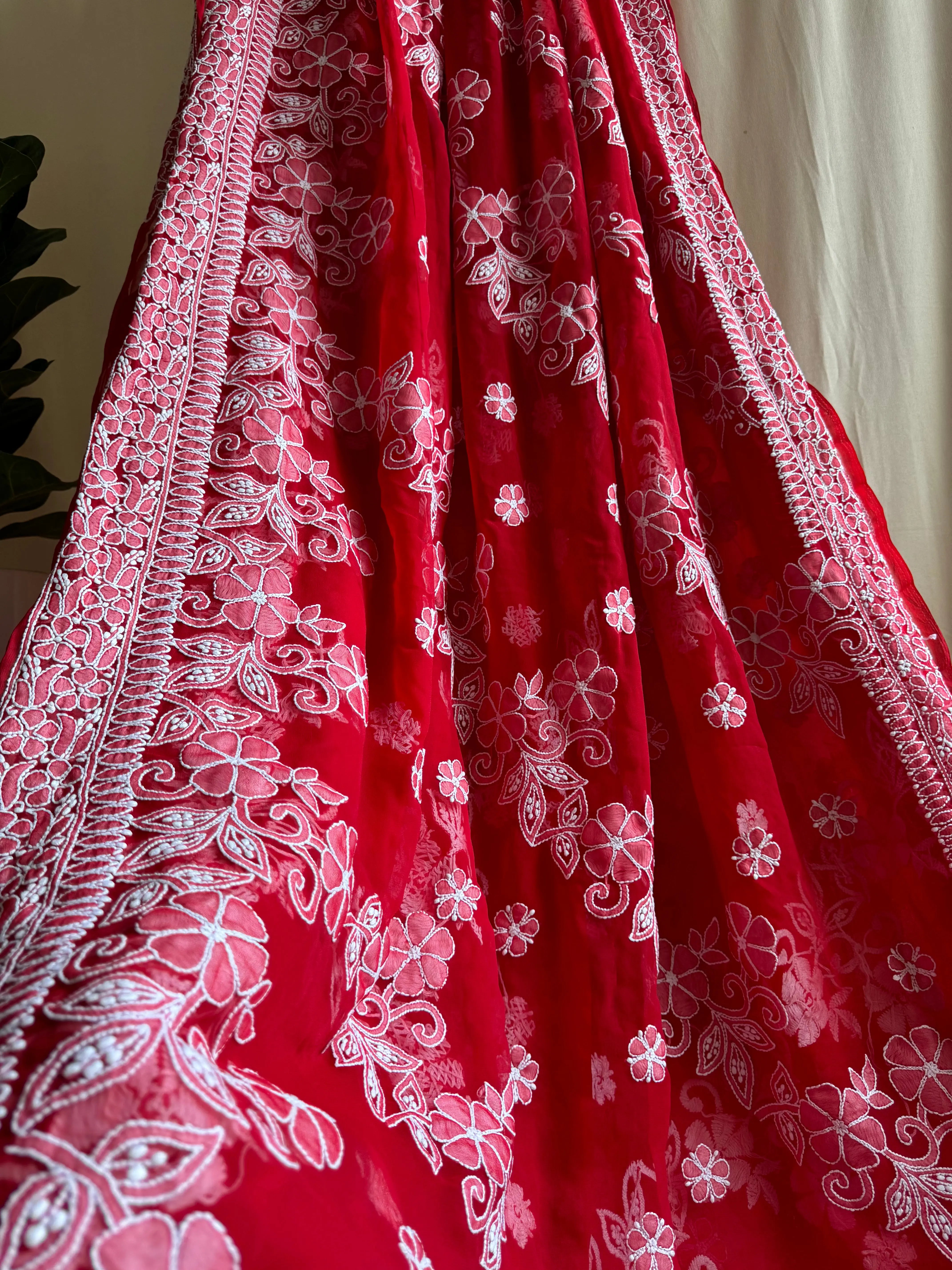 Georgette Chikankari saree in Red ARIAA CHIKANKARI 