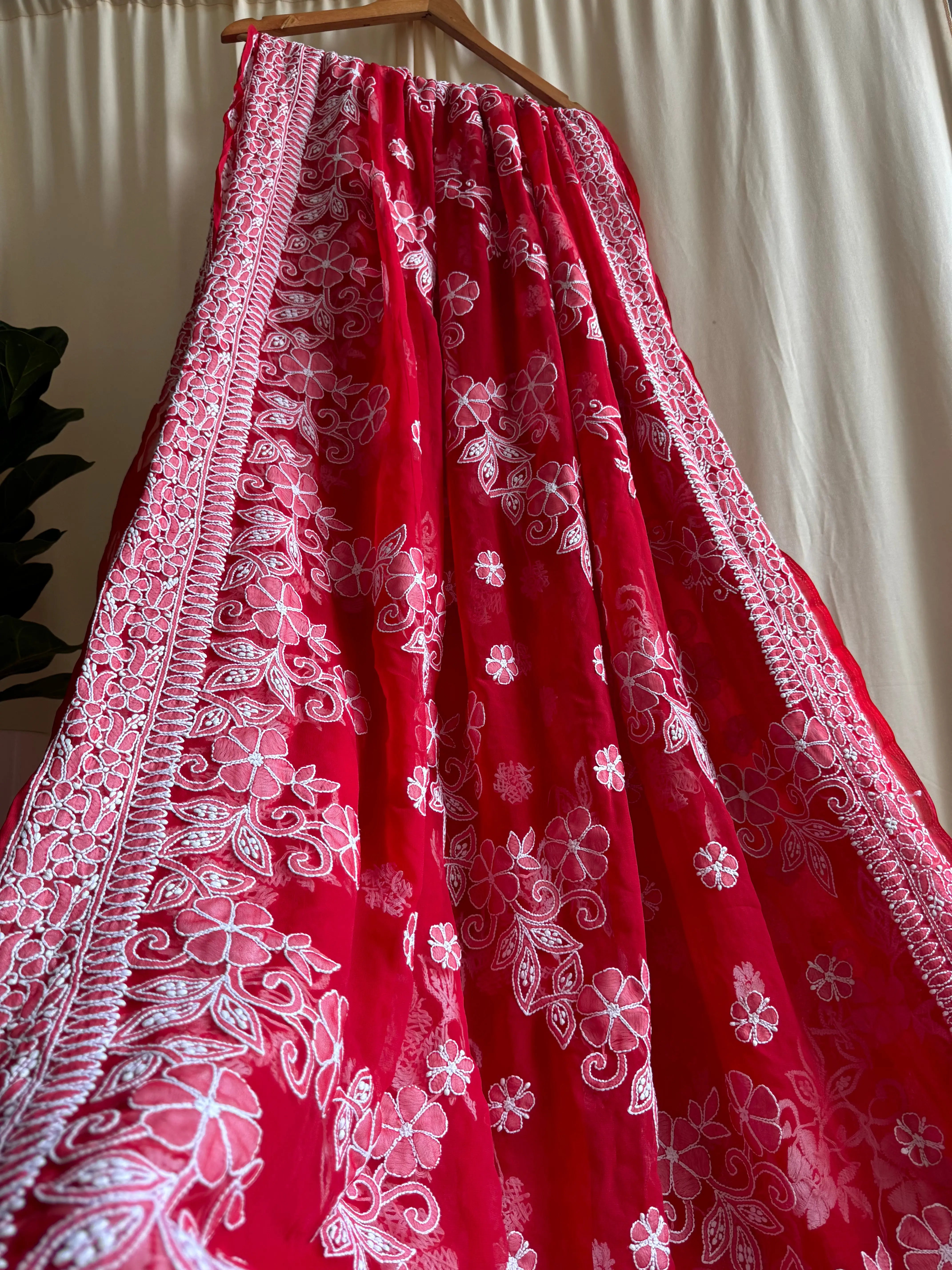 Georgette Chikankari saree in Red ARIAA CHIKANKARI 