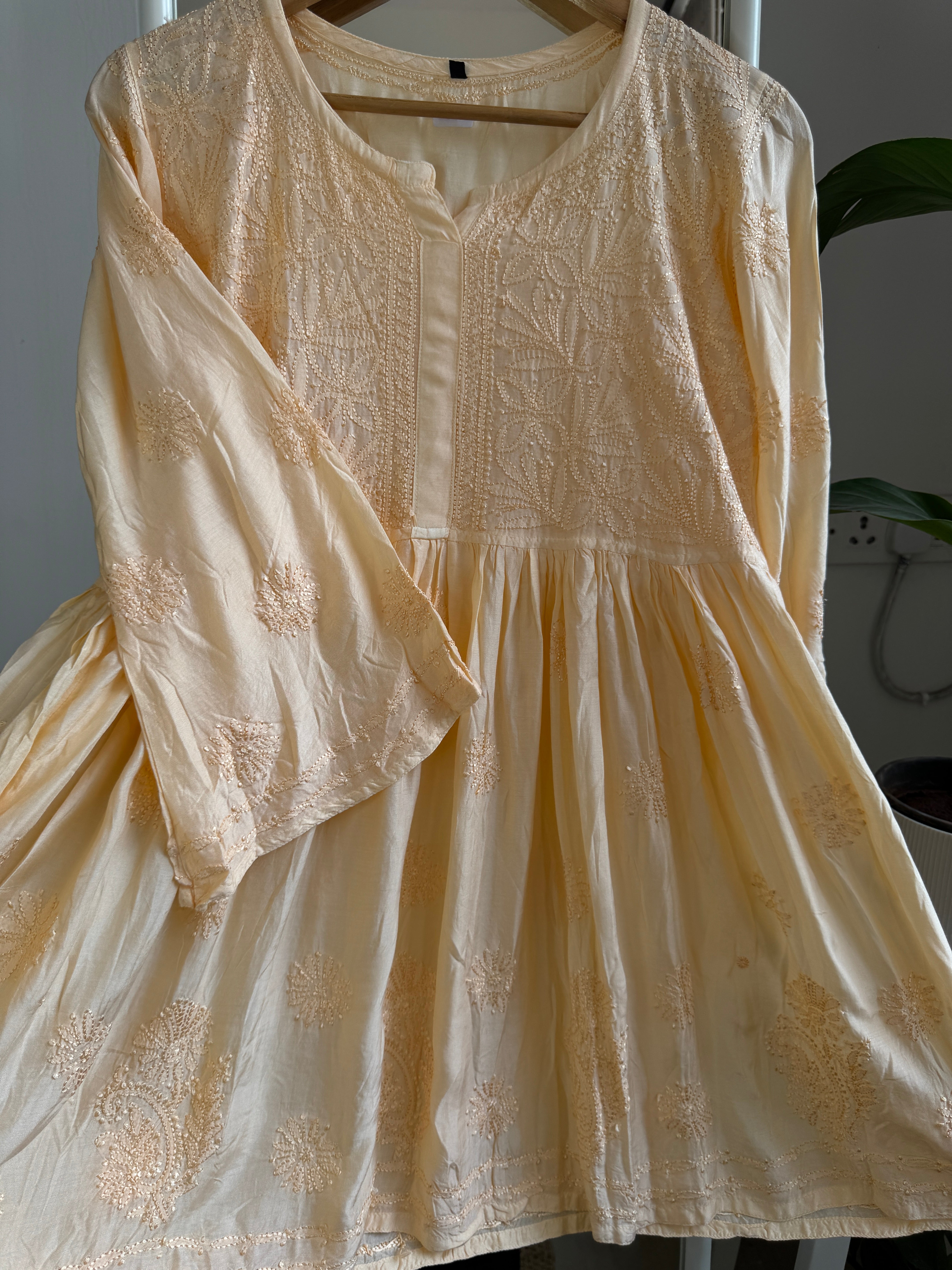 Chikankari Muslin Peplum short Top in Peach ARIAA CHIKANKARI 