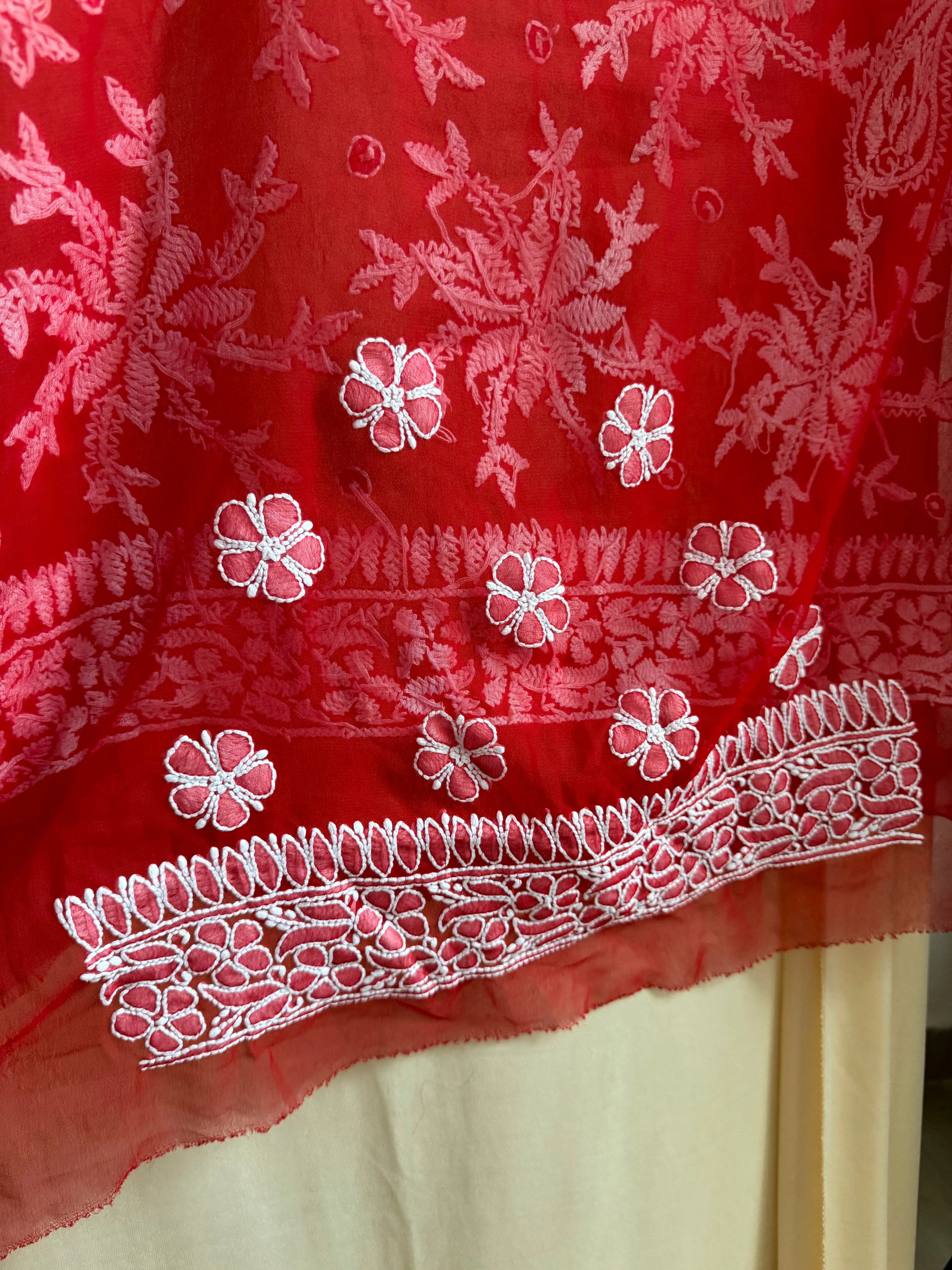 Georgette Chikankari saree in Red ARIAA CHIKANKARI 