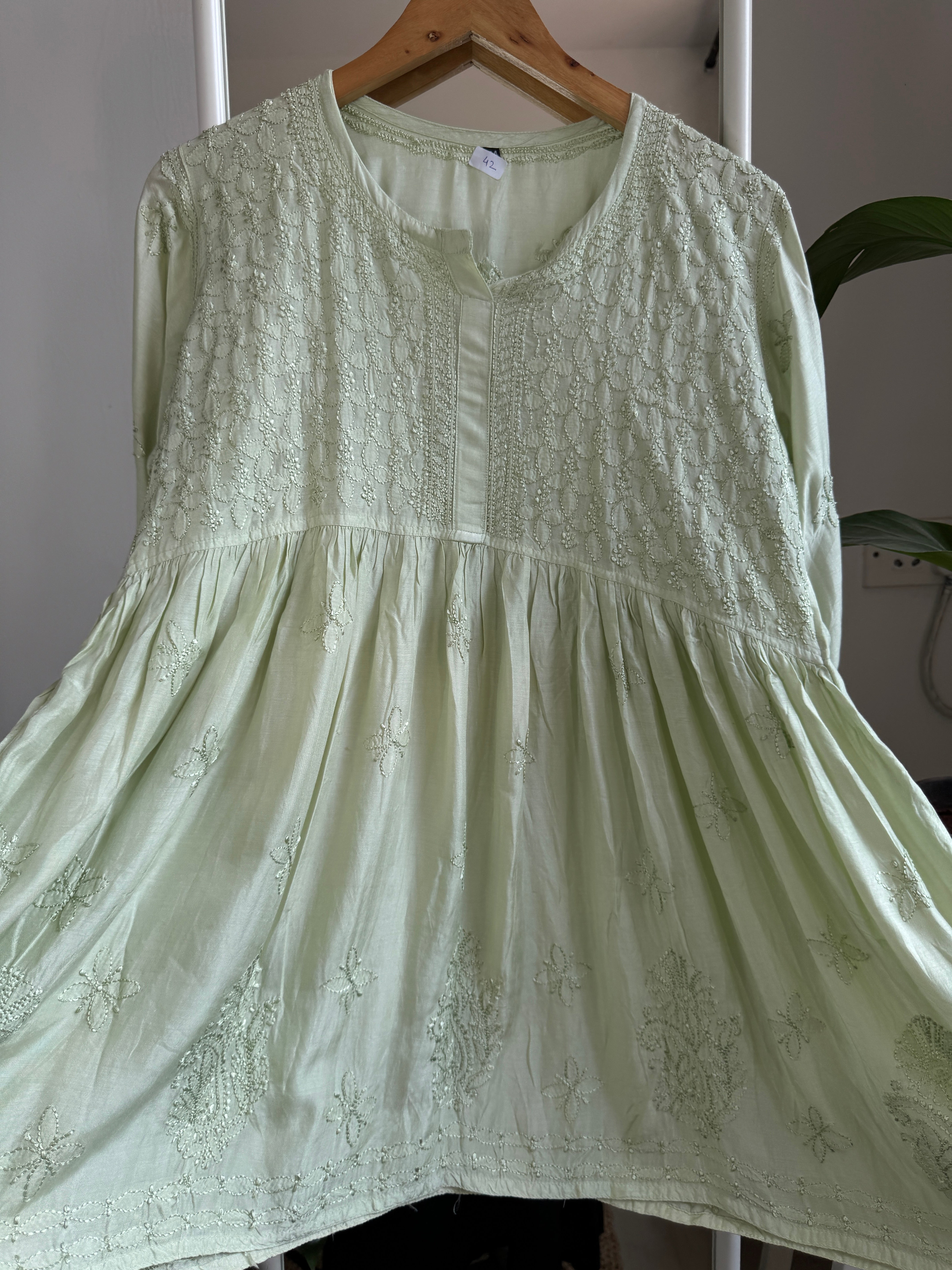 Chikankari Muslin Peplum short Top in Pista Green ARIAA CHIKANKARI 