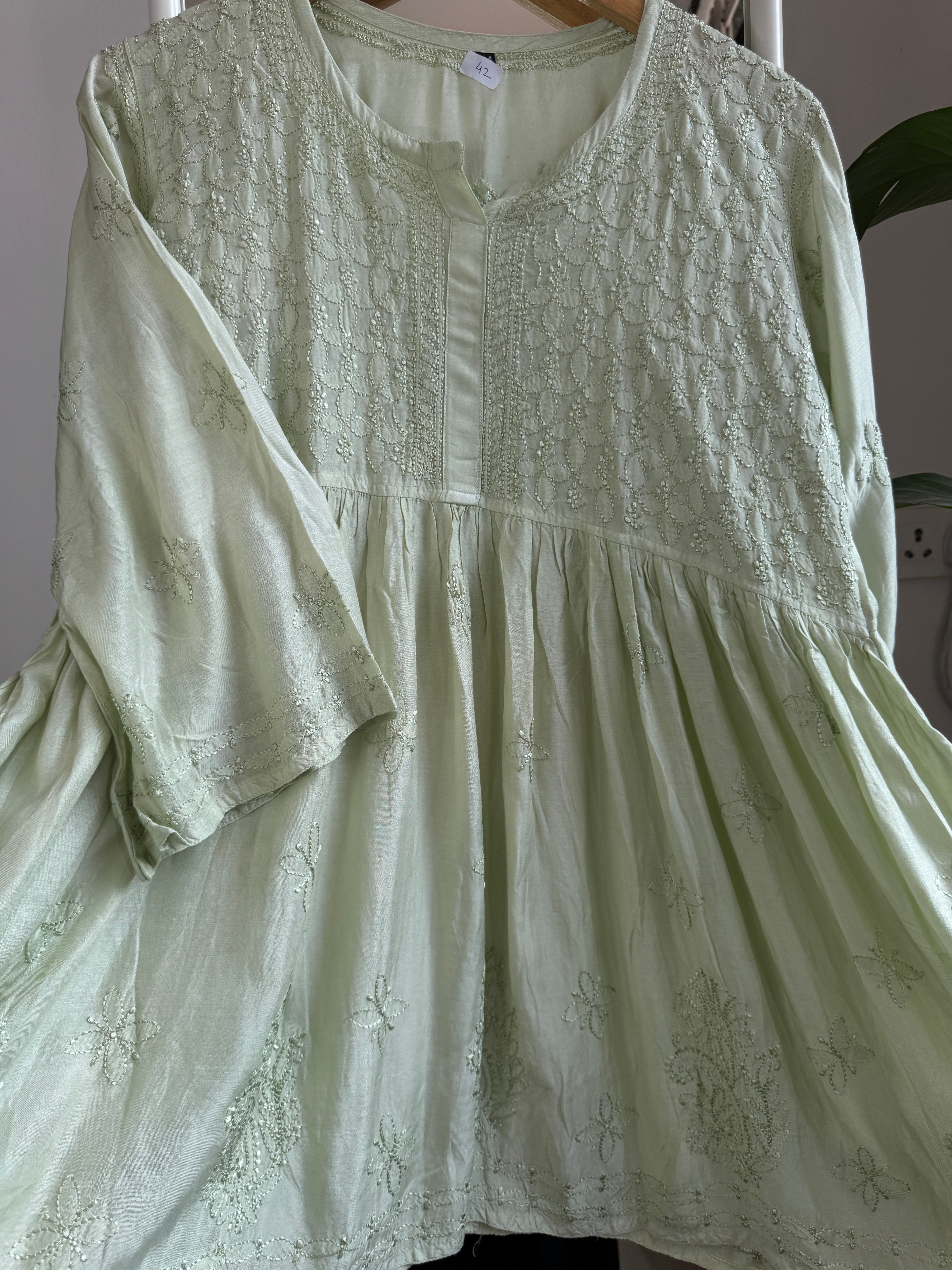Chikankari Muslin Peplum short Top in Pista Green ARIAA CHIKANKARI 