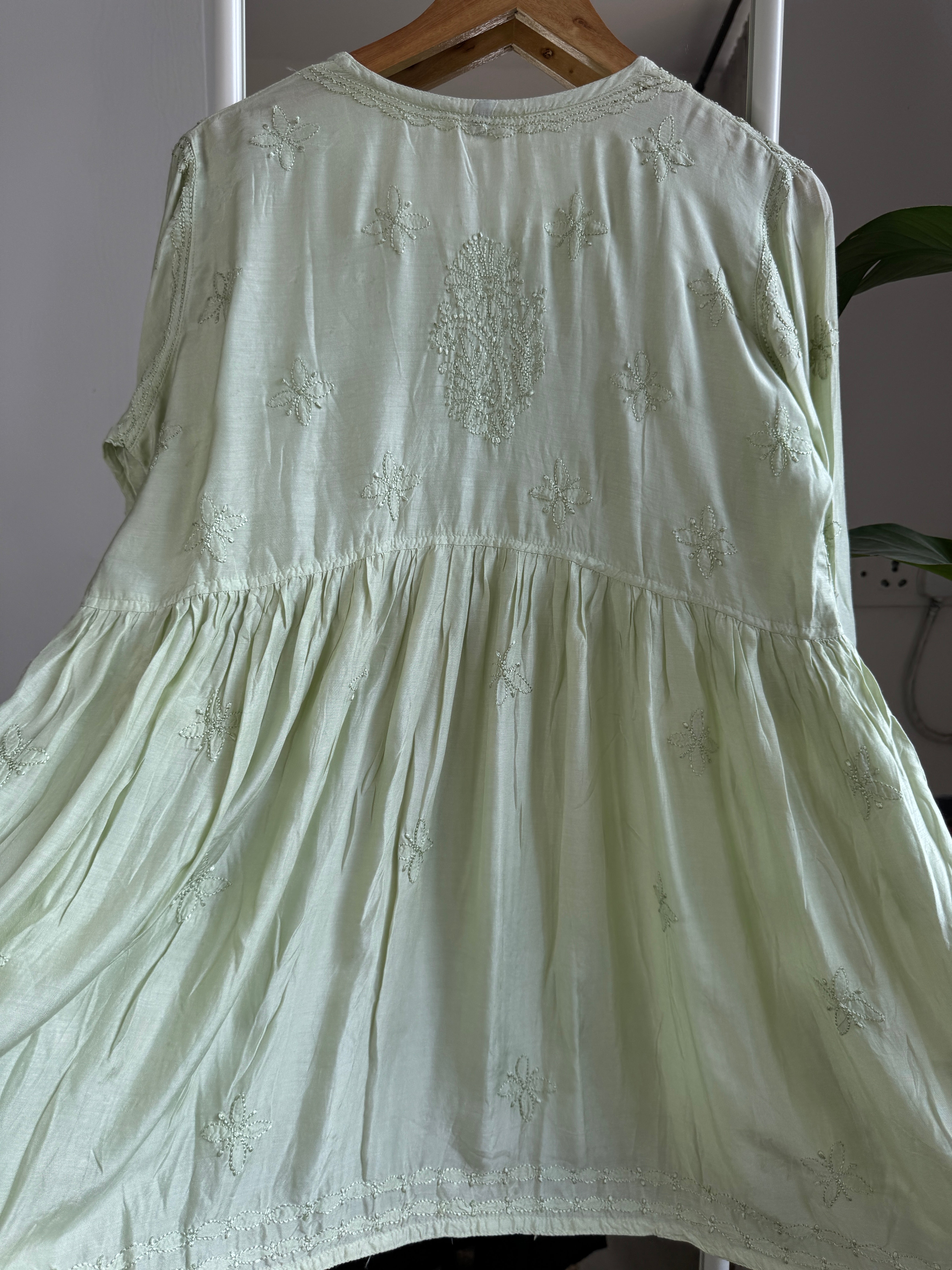 Chikankari Muslin Peplum short Top in Pista Green ARIAA CHIKANKARI 