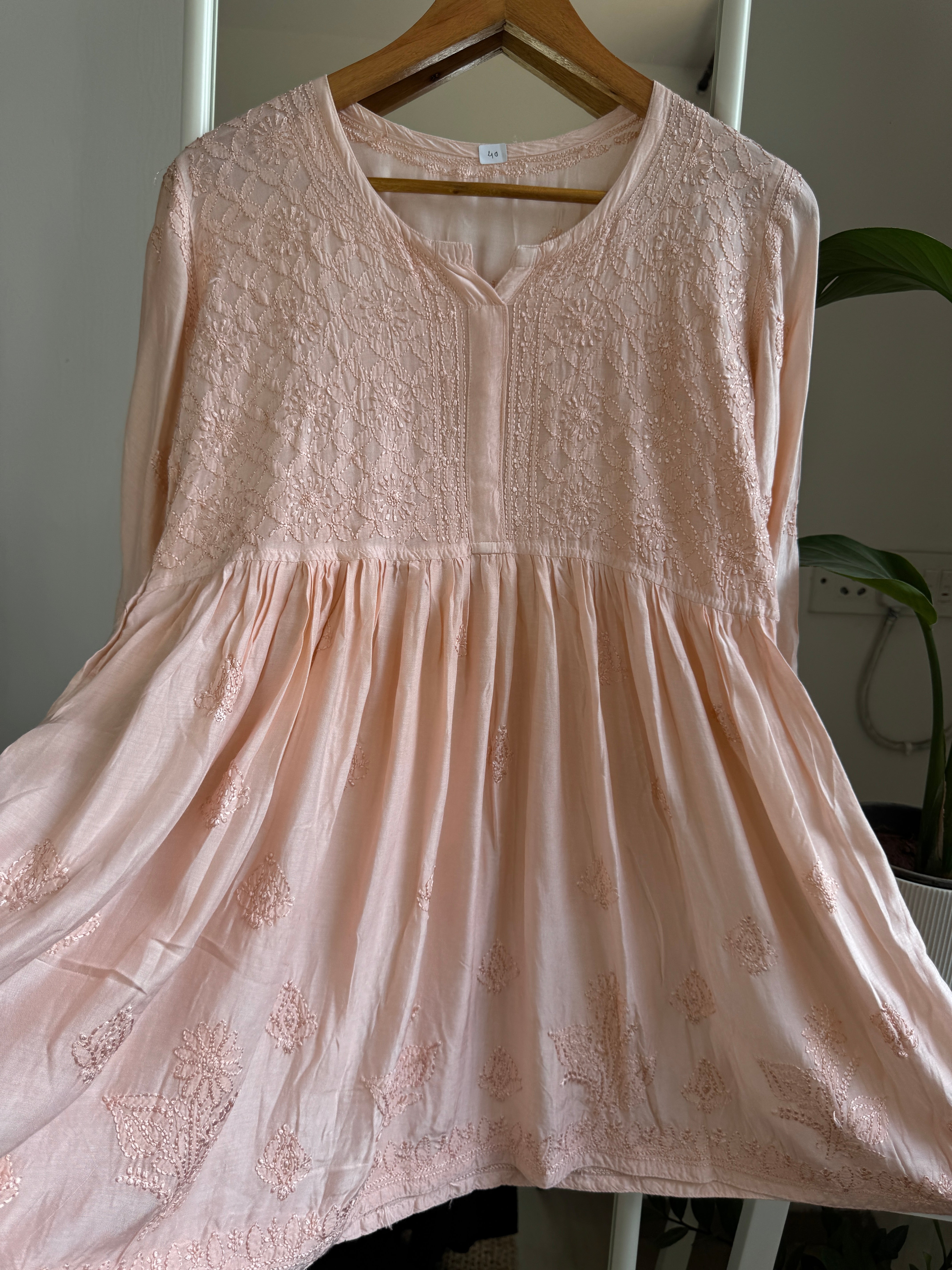 Chikankari Muslin Peplum short Top in Peach ARIAA CHIKANKARI 