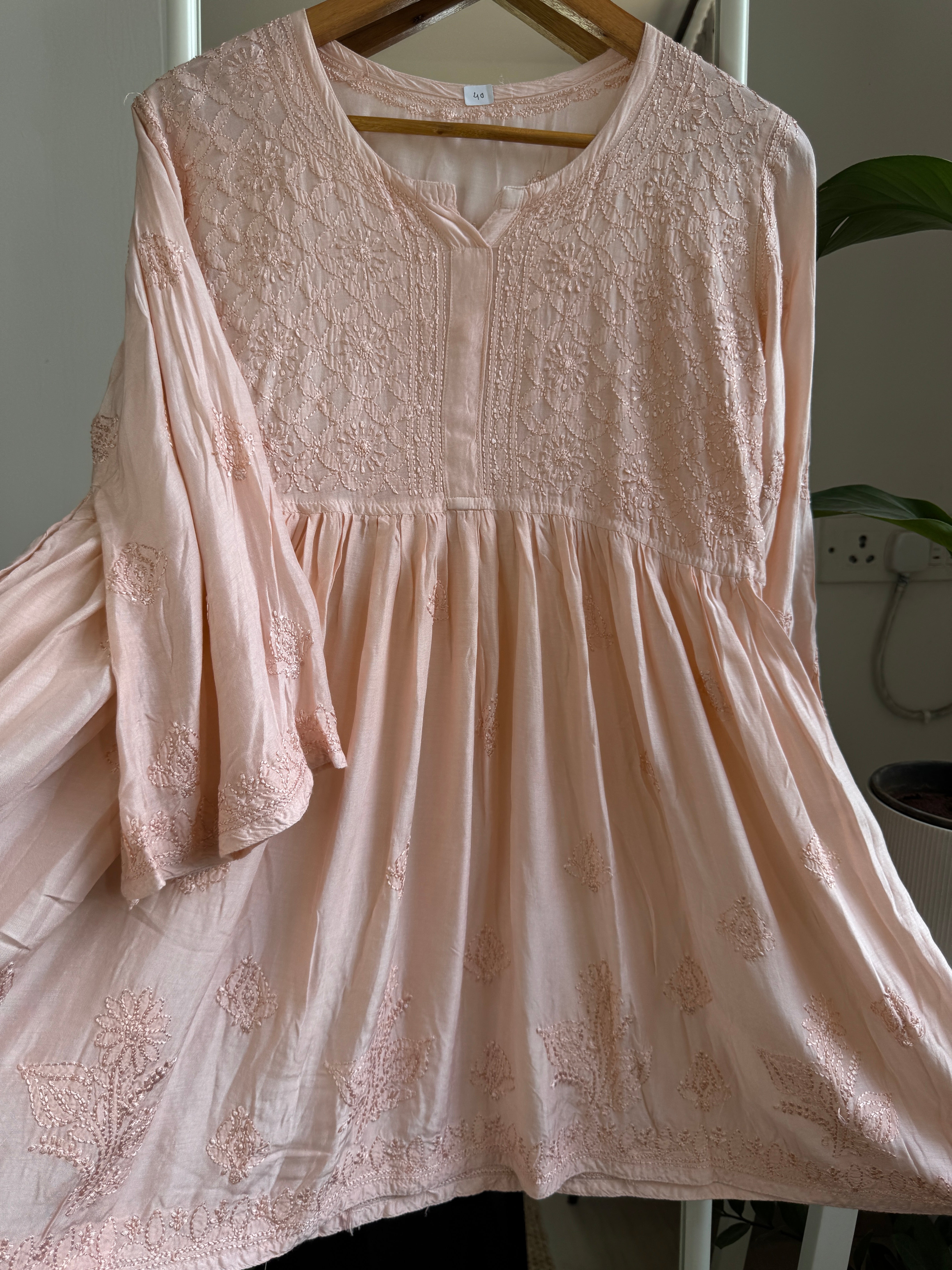 Chikankari Muslin Peplum short Top in Peach ARIAA CHIKANKARI 