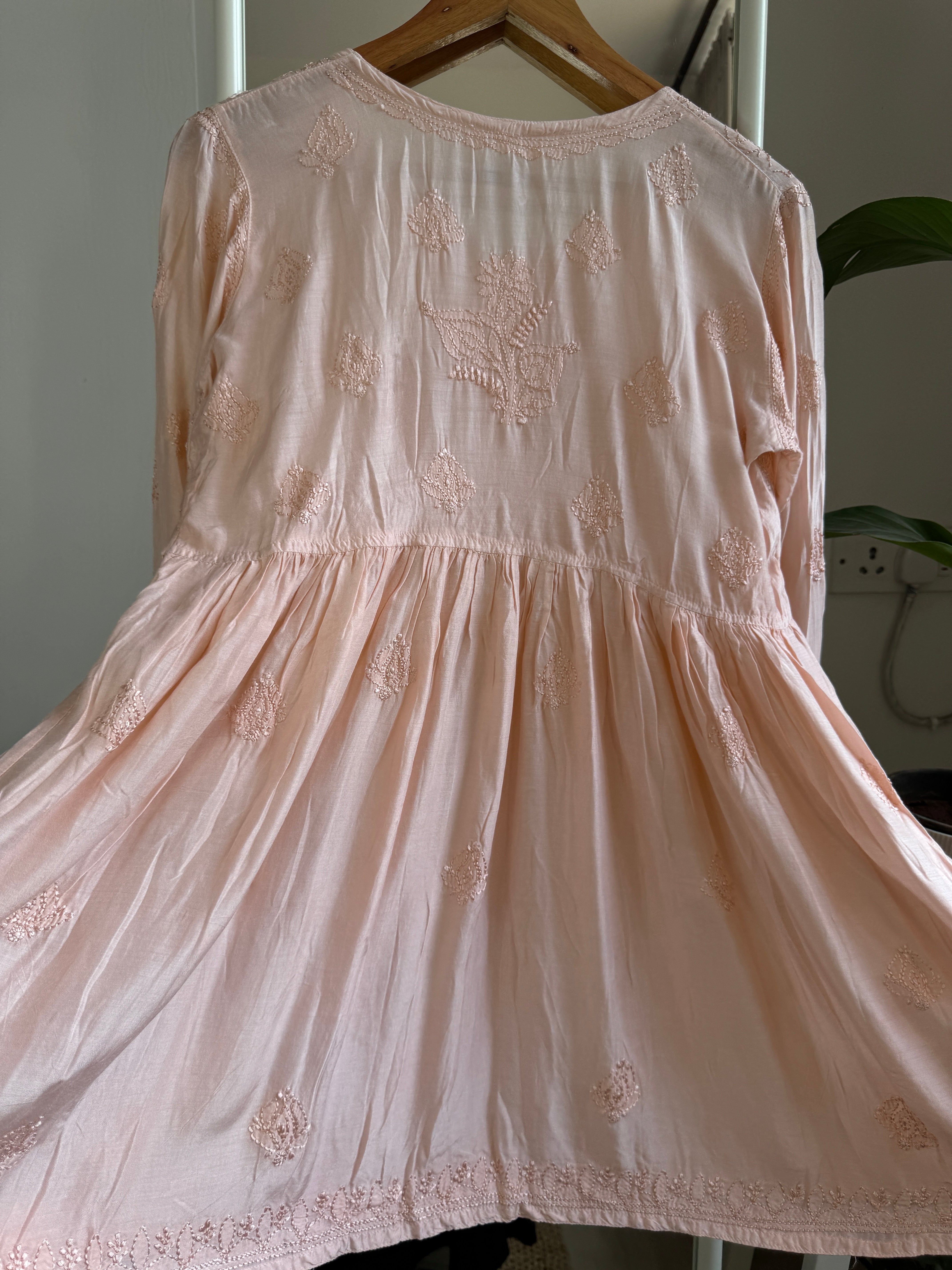 Chikankari Muslin Peplum short Top in Peach ARIAA CHIKANKARI 