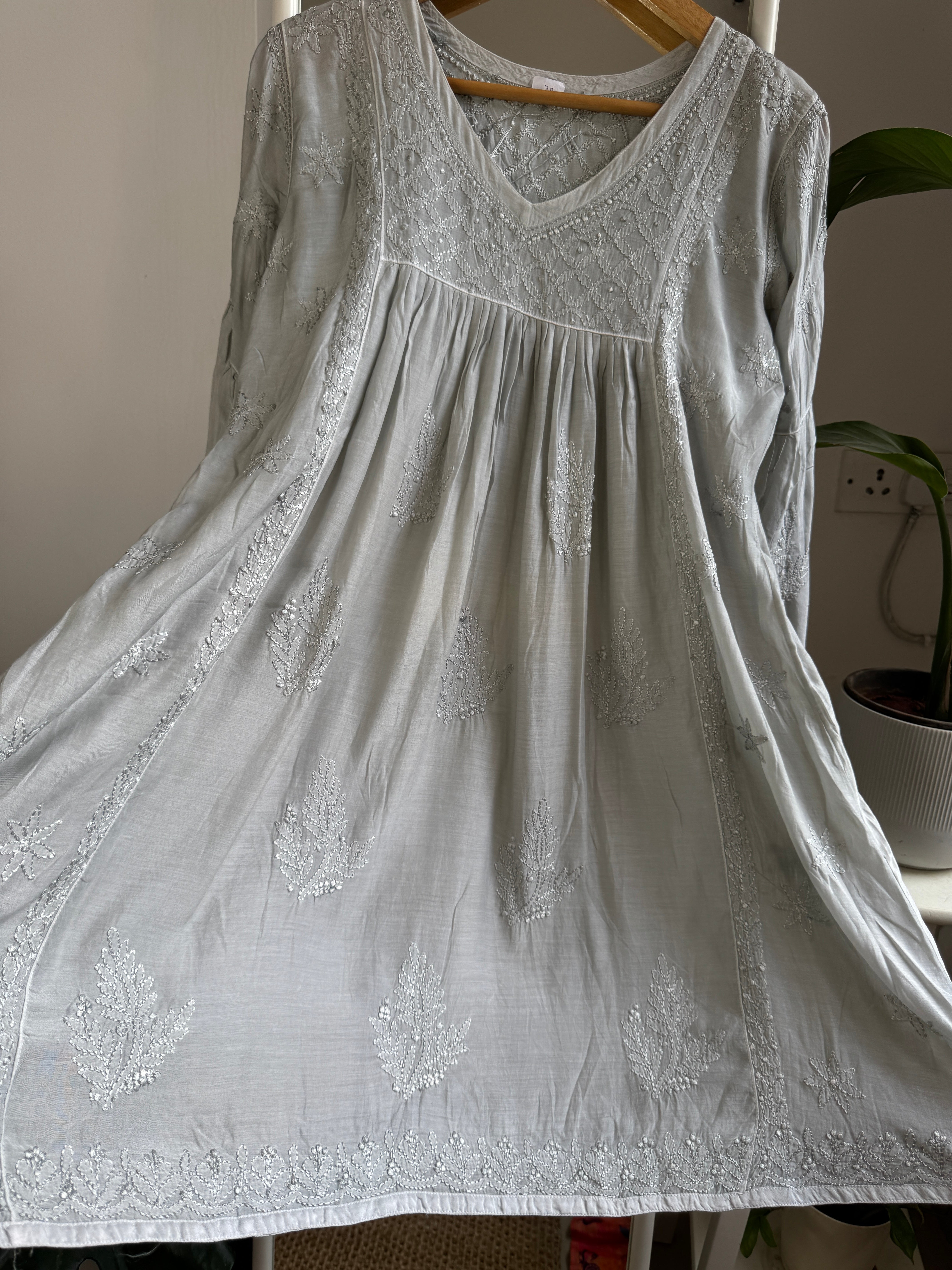 Chikankari Muslin Peplum short Top in Grey ARIAA CHIKANKARI 