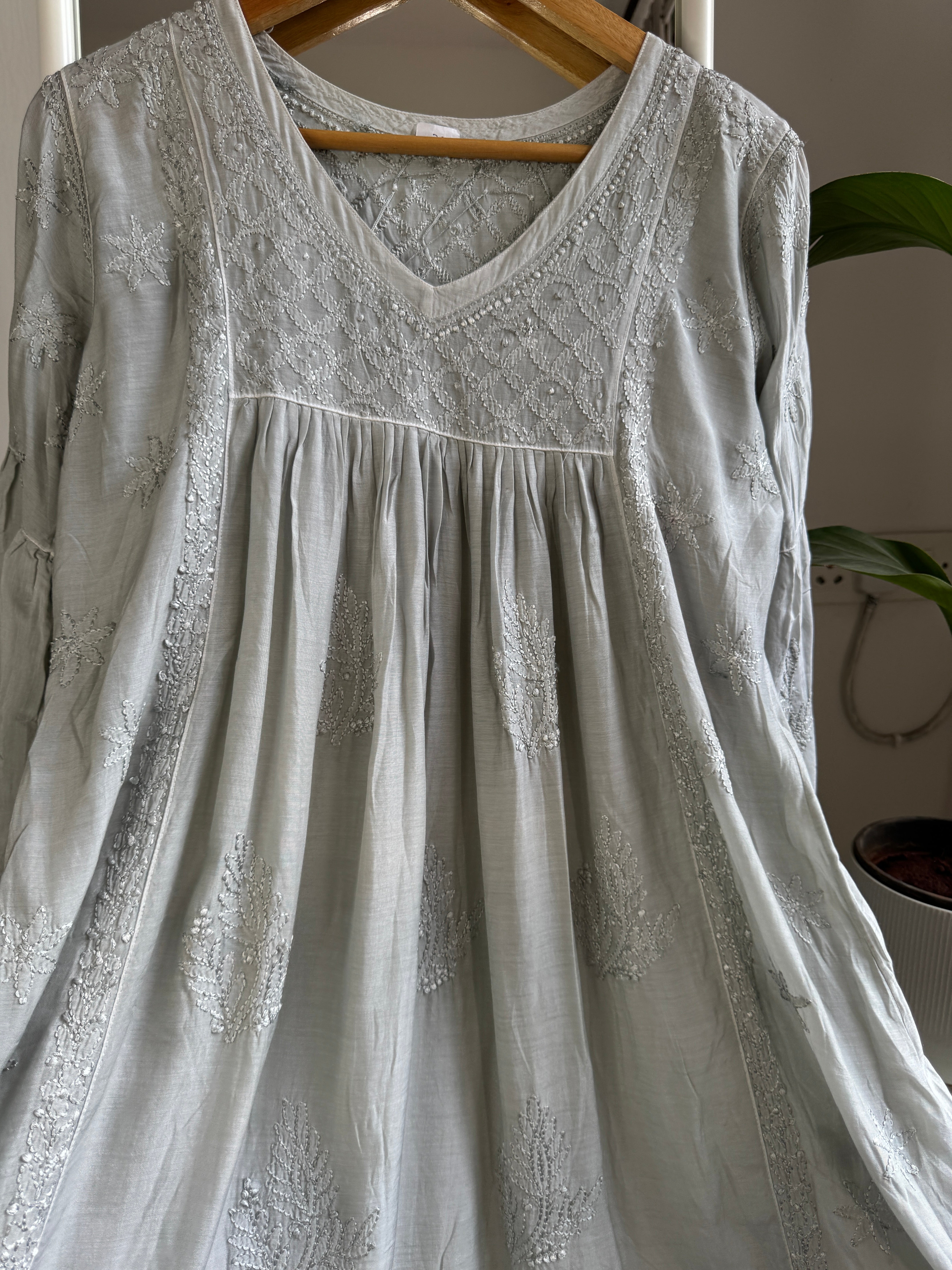 Chikankari Muslin Peplum short Top in Grey ARIAA CHIKANKARI 