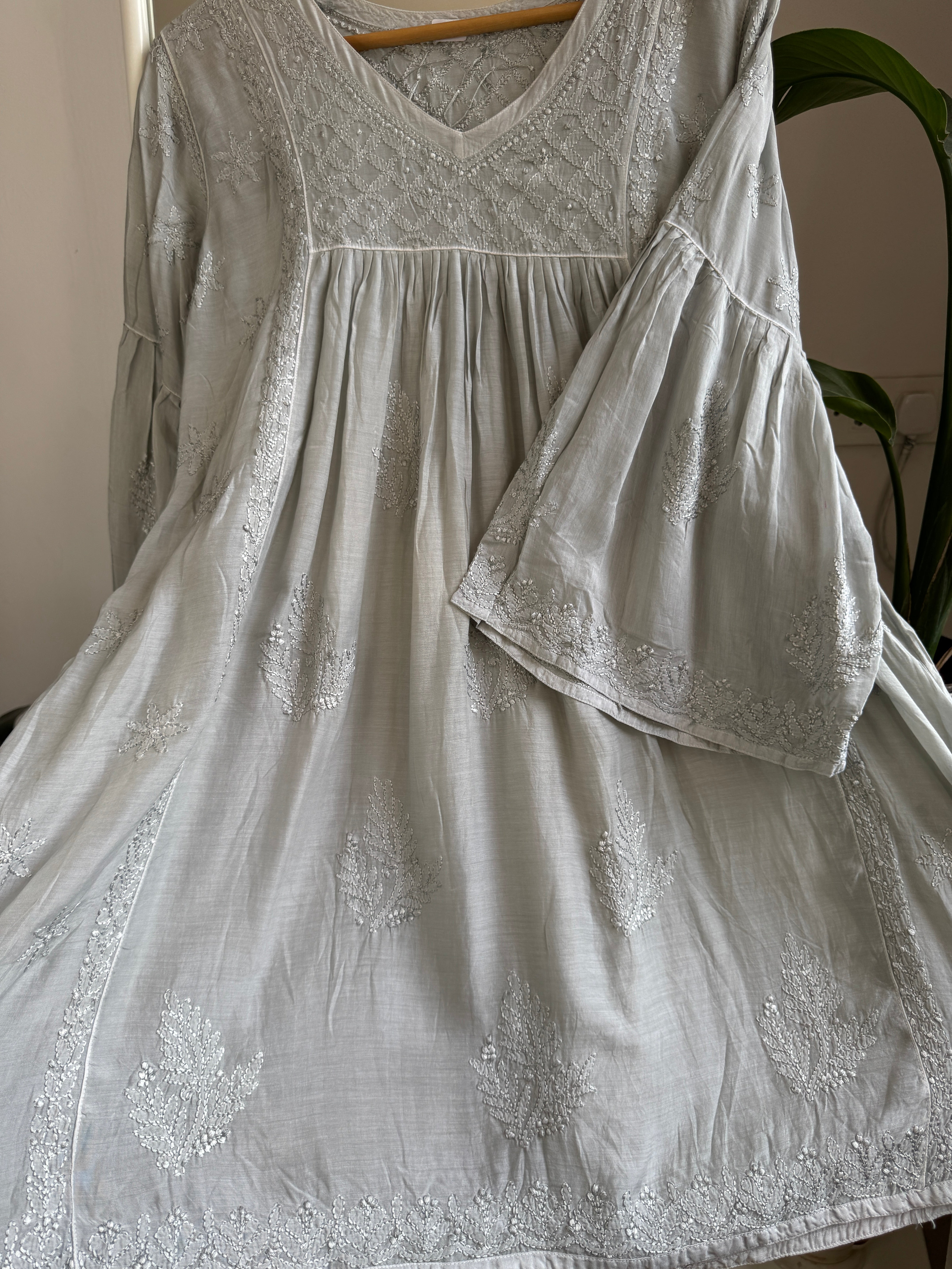 Chikankari Muslin Peplum short Top in Grey ARIAA CHIKANKARI 