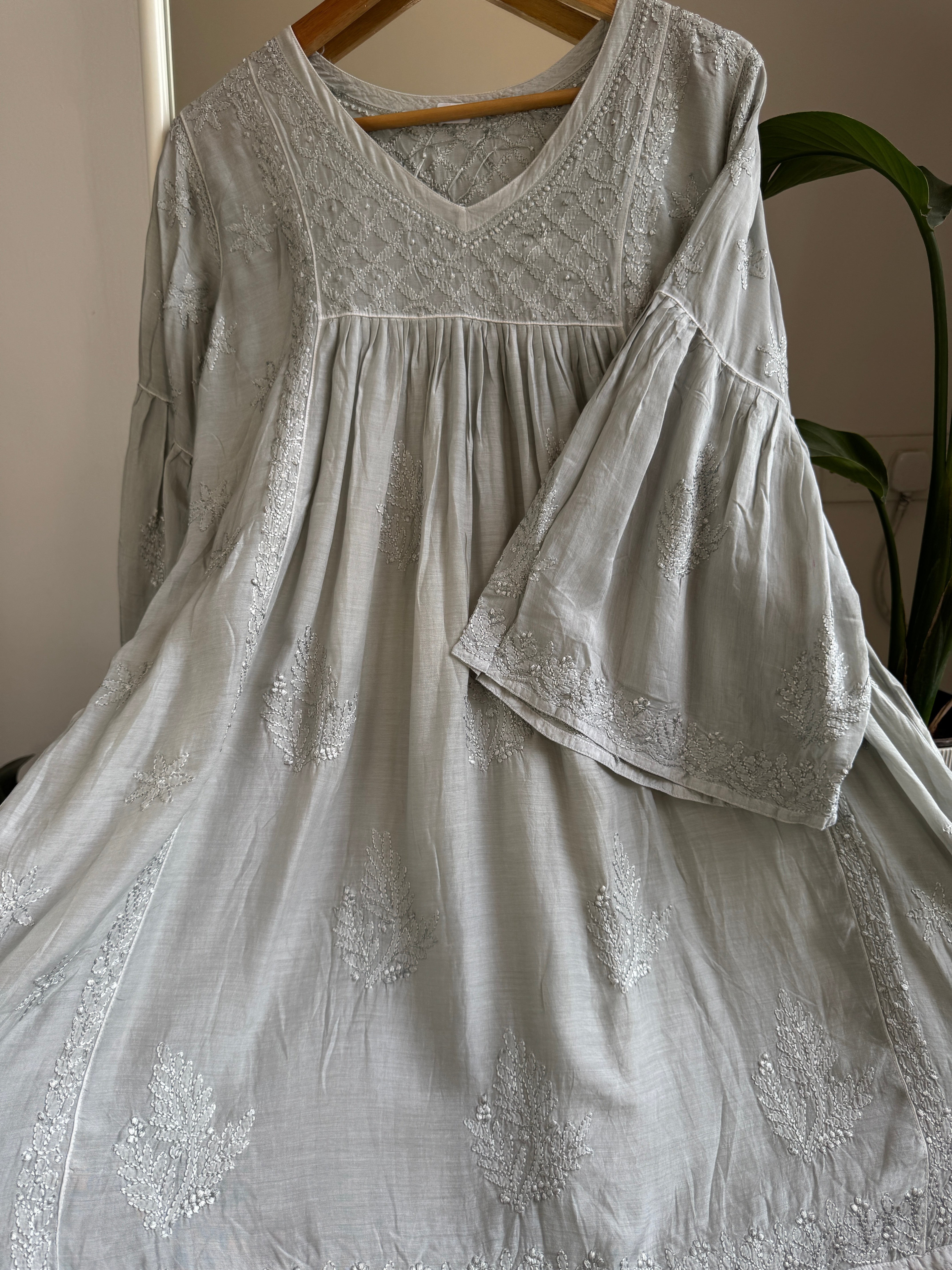 Chikankari Muslin Peplum short Top in Grey ARIAA CHIKANKARI 