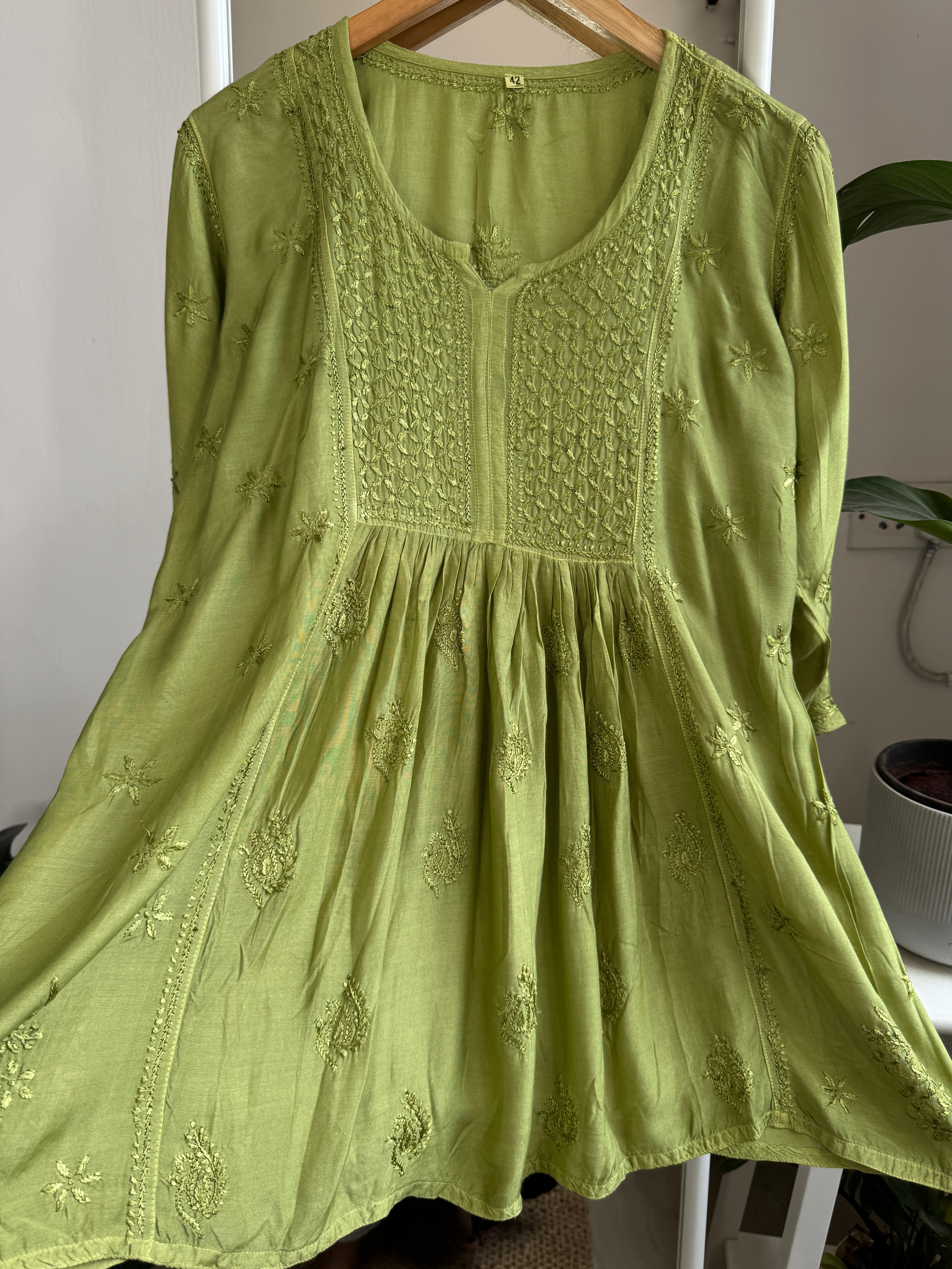 Chikankari Muslin Peplum short Top in Green ARIAA CHIKANKARI 