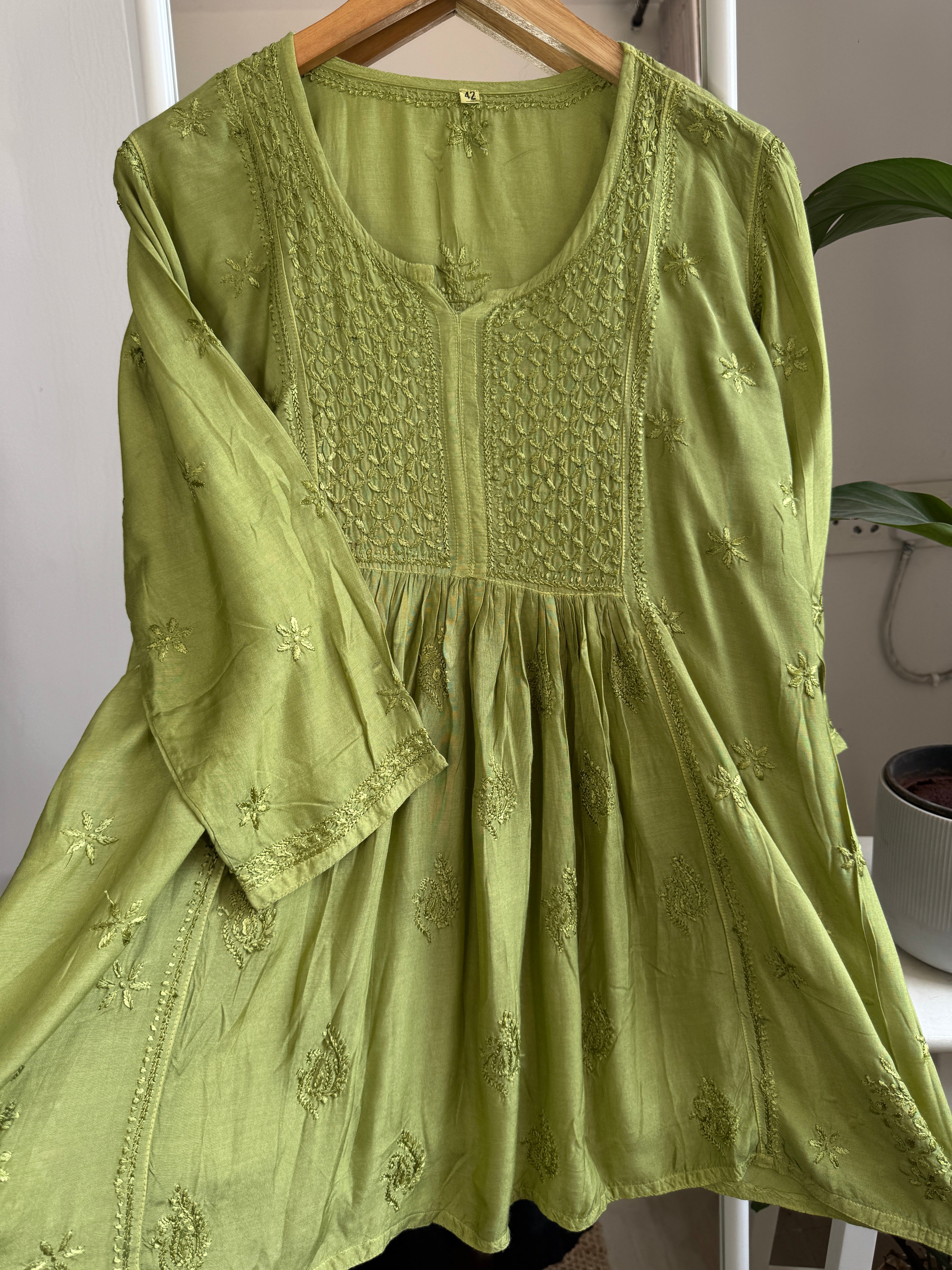 Chikankari Muslin Peplum short Top in Green ARIAA CHIKANKARI 
