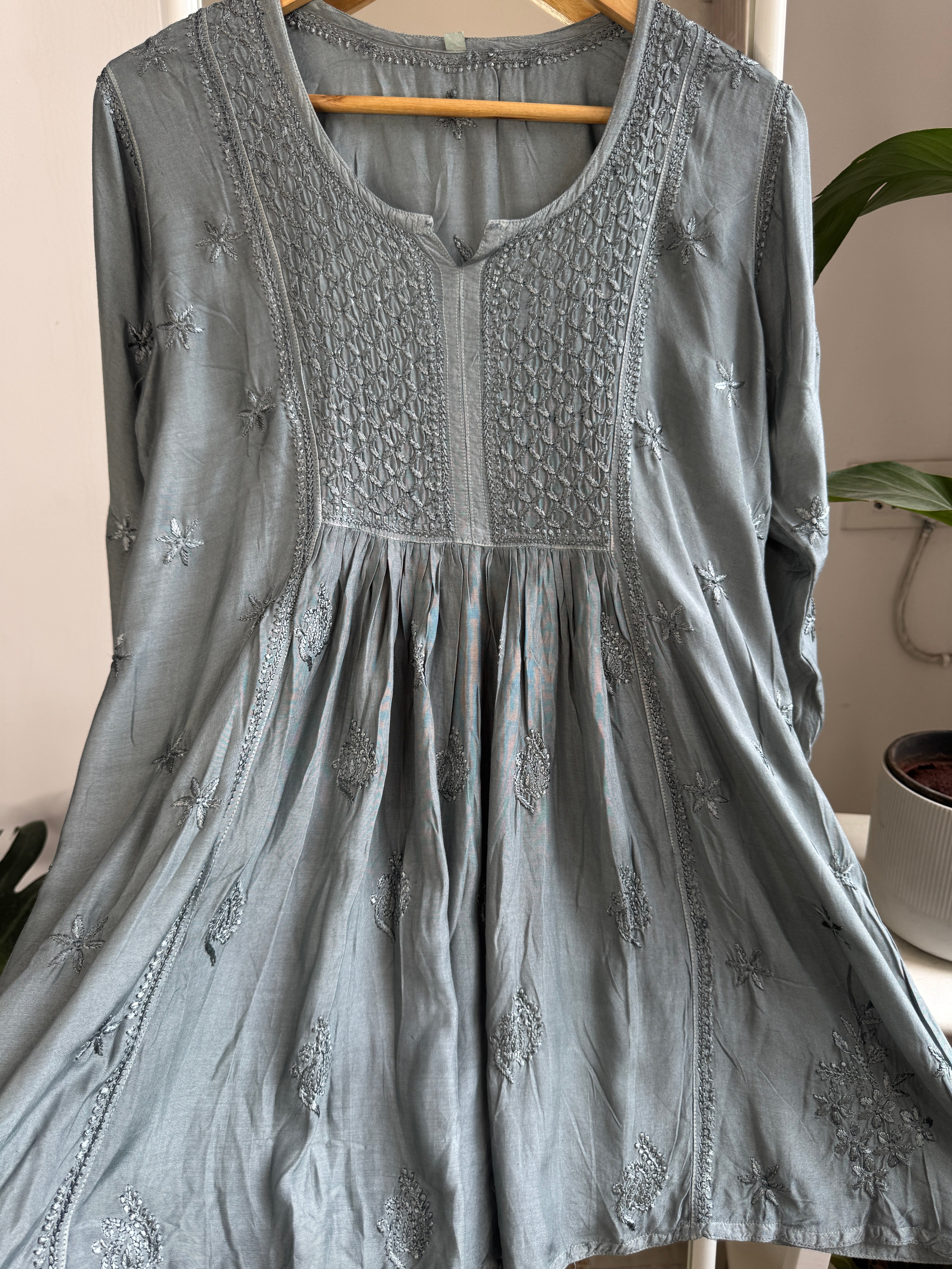 Chikankari Muslin Peplum short Top in Grey ARIAA CHIKANKARI 