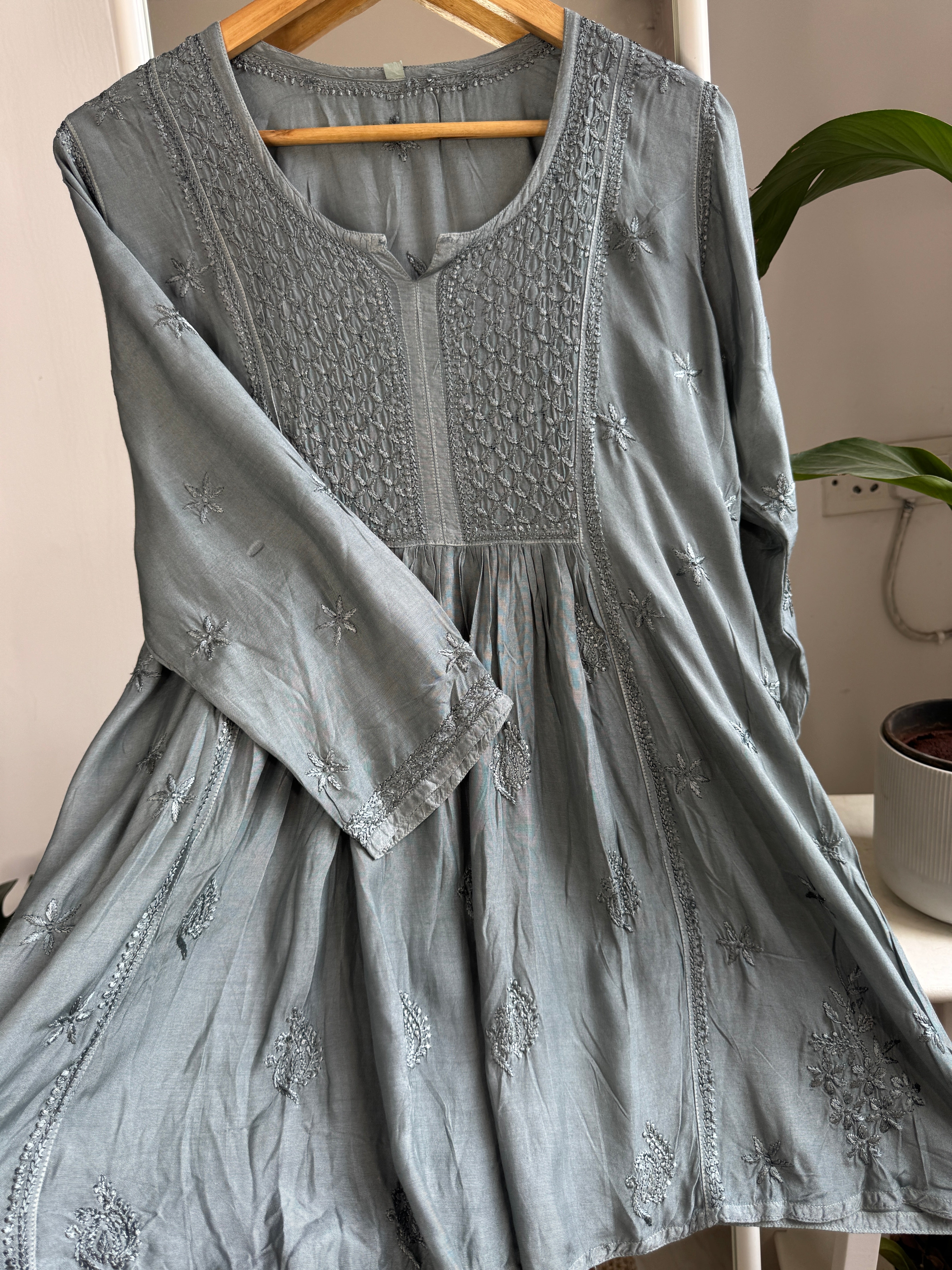 Chikankari Muslin Peplum short Top in Grey ARIAA CHIKANKARI 