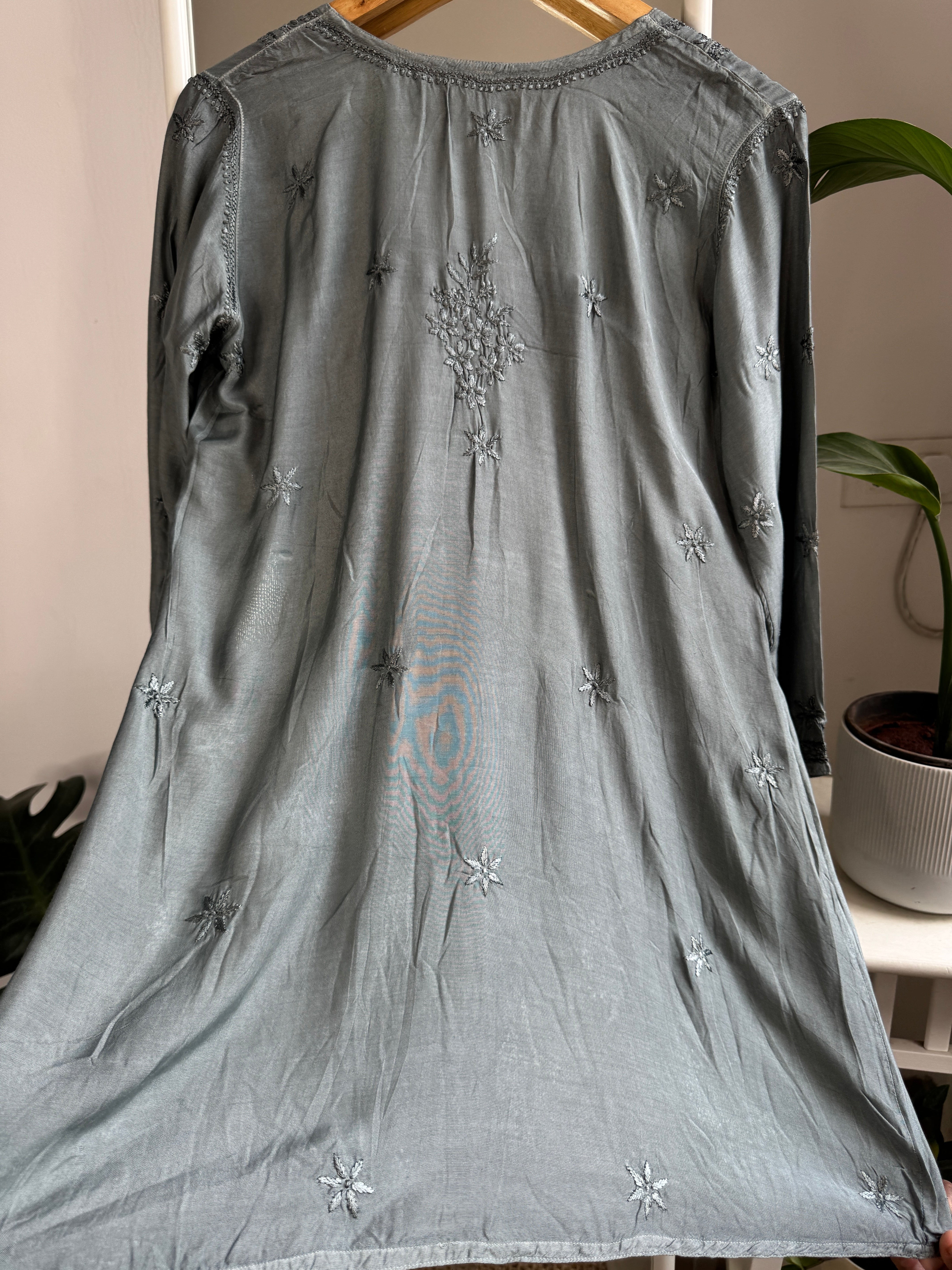 Chikankari Muslin Peplum short Top in Grey ARIAA CHIKANKARI 