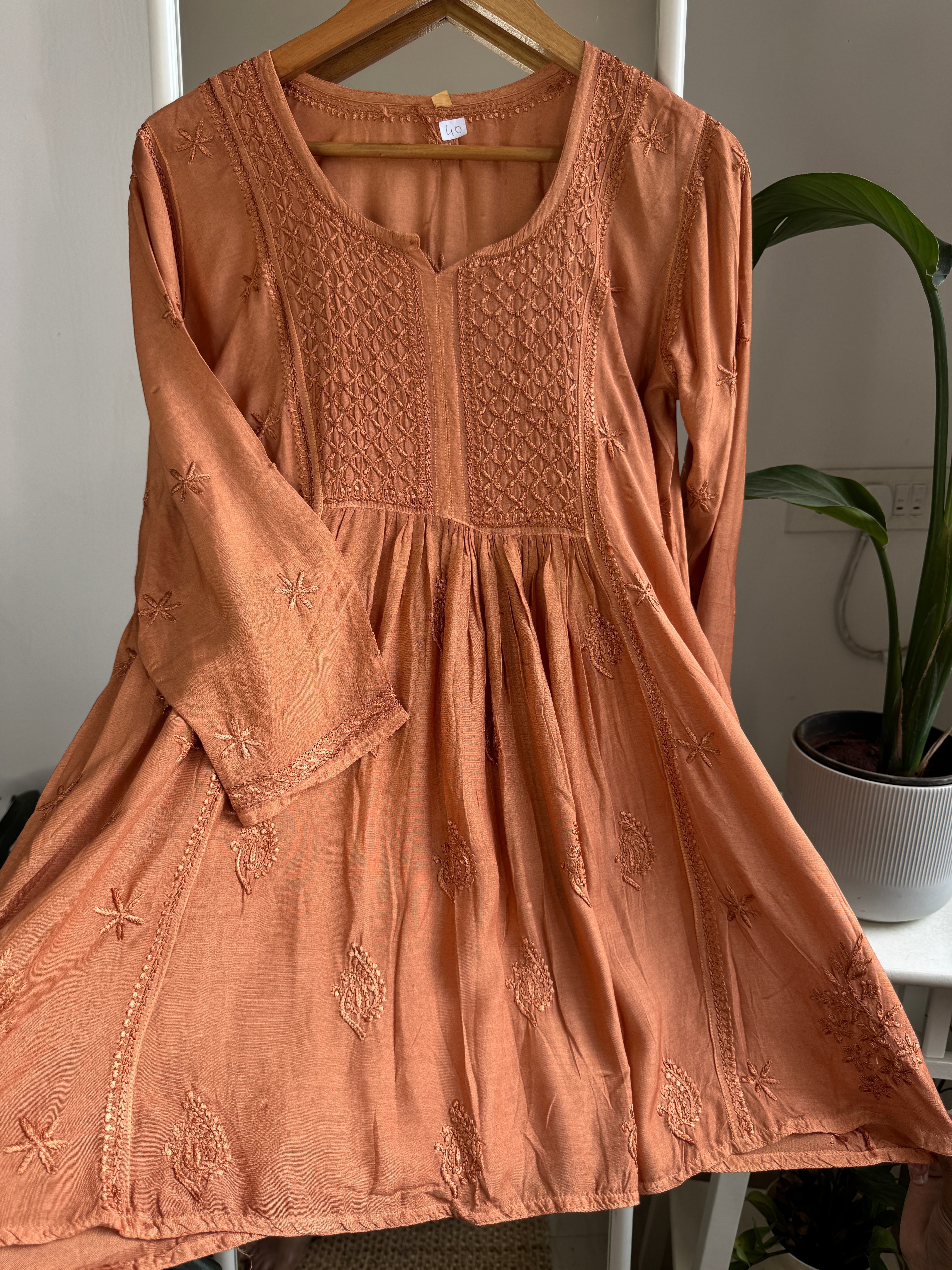 Chikankari Muslin Peplum short Top in Rust Orange ARIAA CHIKANKARI 
