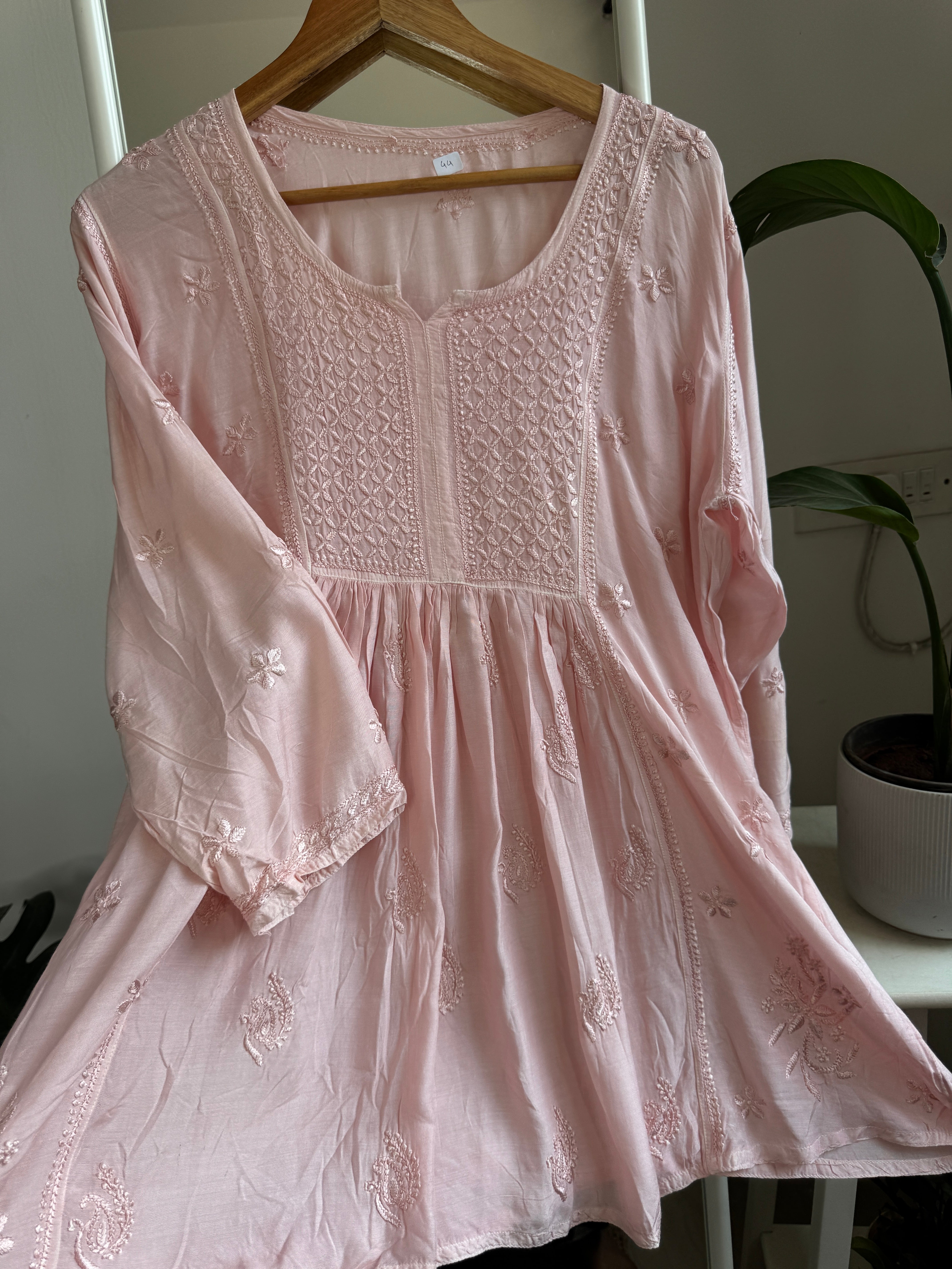 Chikankari Muslin Peplum short Top in Pale Pink ARIAA CHIKANKARI 