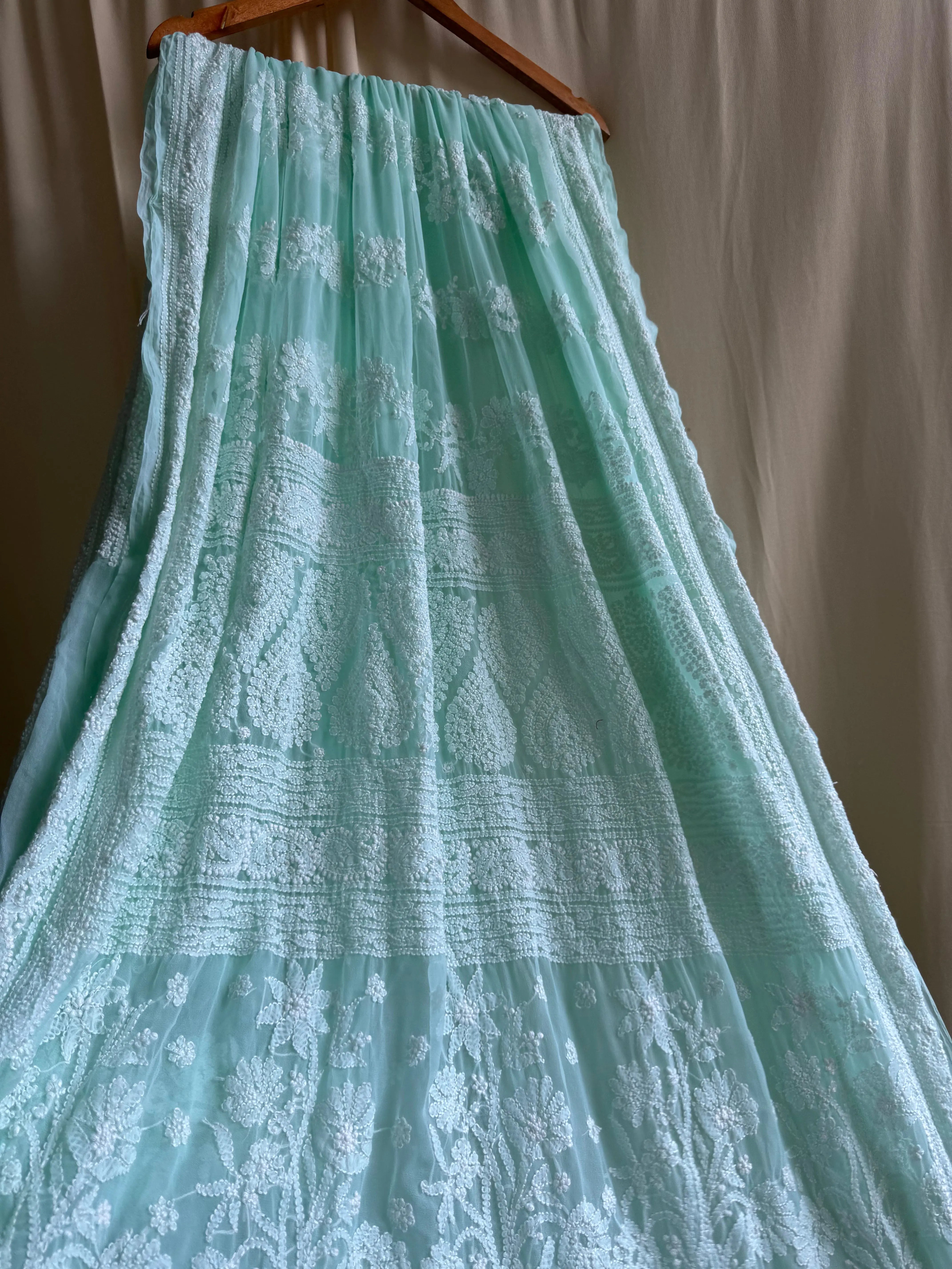 Georgette Chikankari saree in Sea Green ARIAA CHIKANKARI 