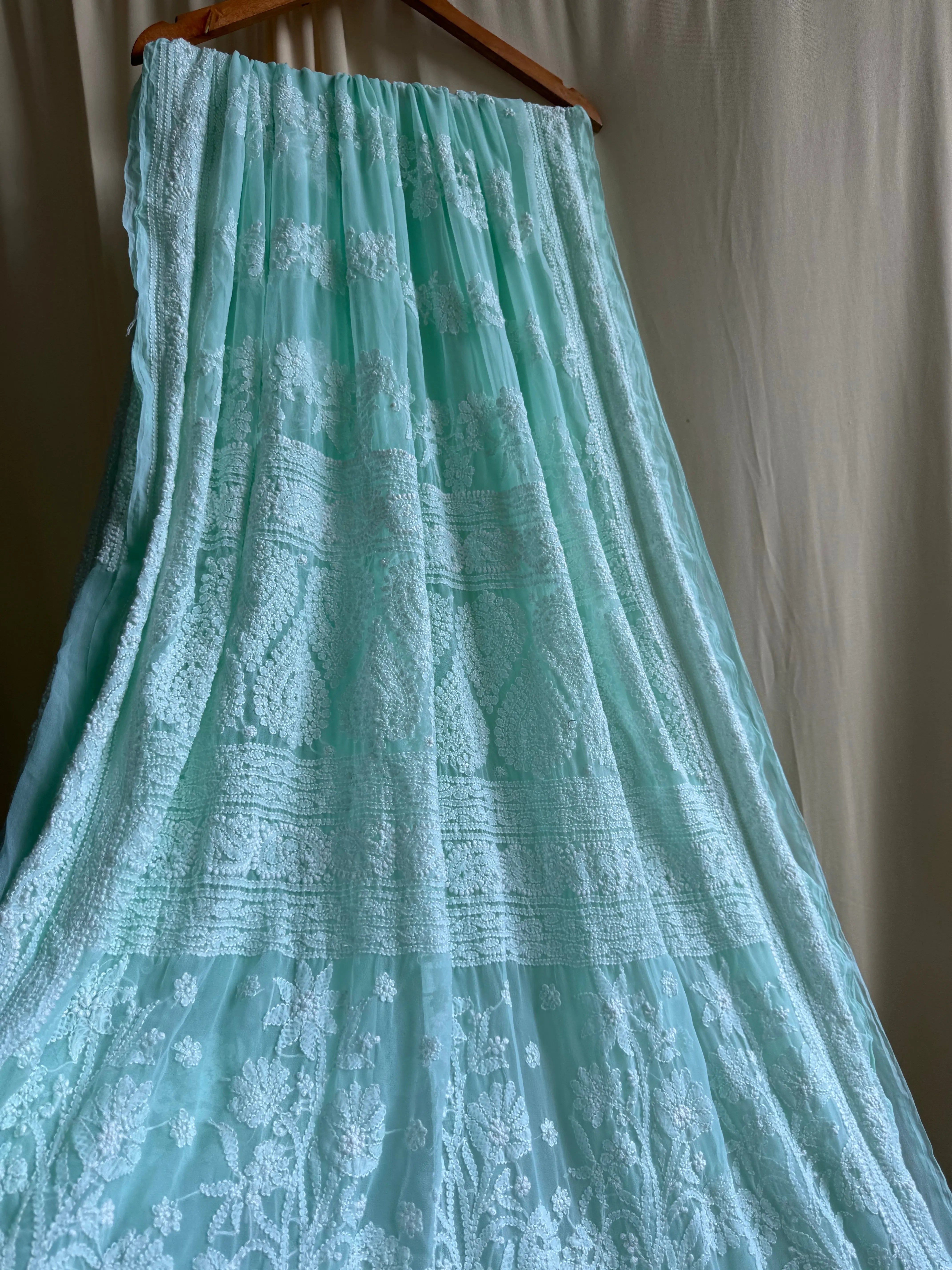 Georgette Chikankari saree in Sea Green ARIAA CHIKANKARI 