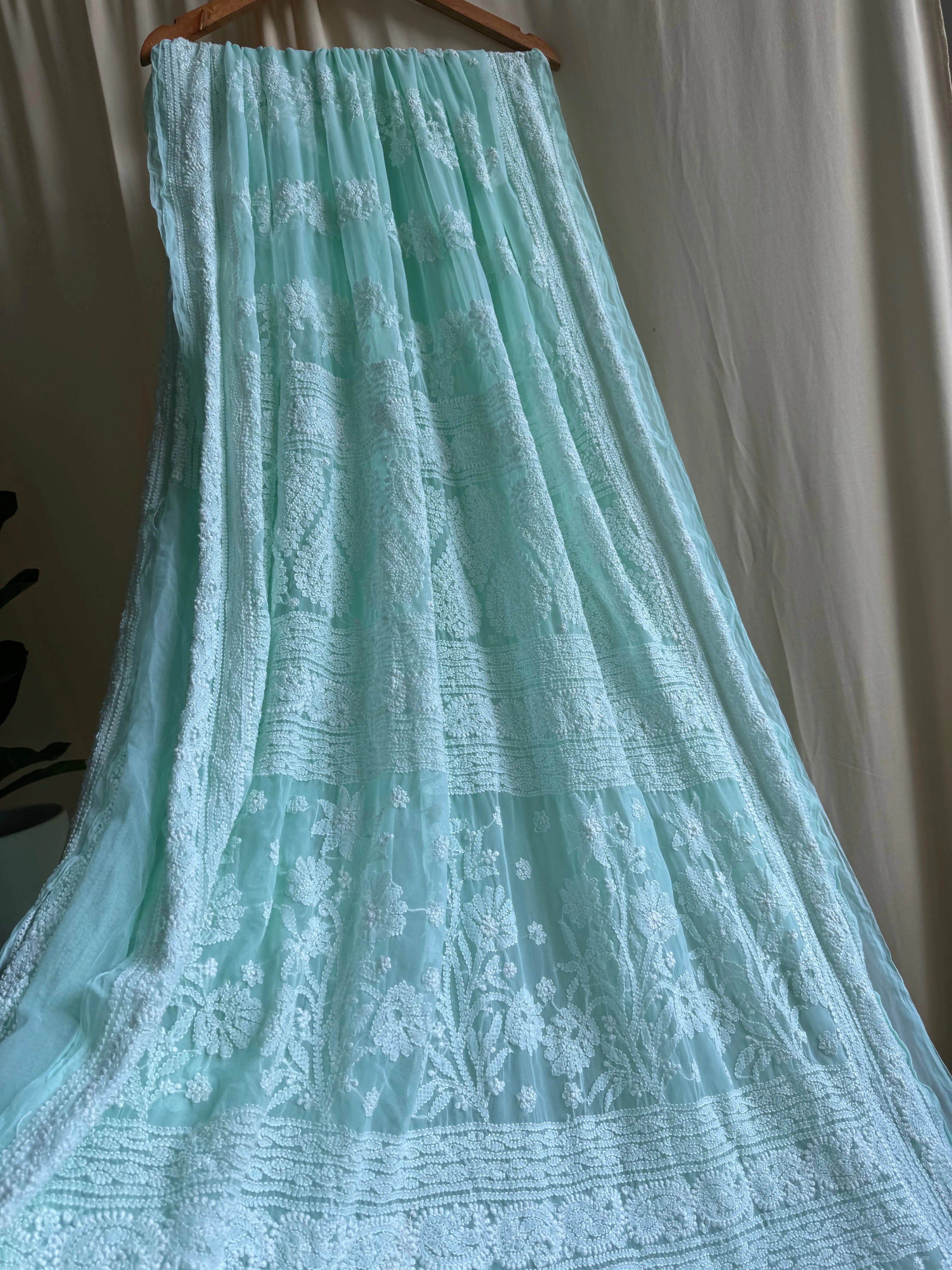 Georgette Chikankari saree in Sea Green ARIAA CHIKANKARI 