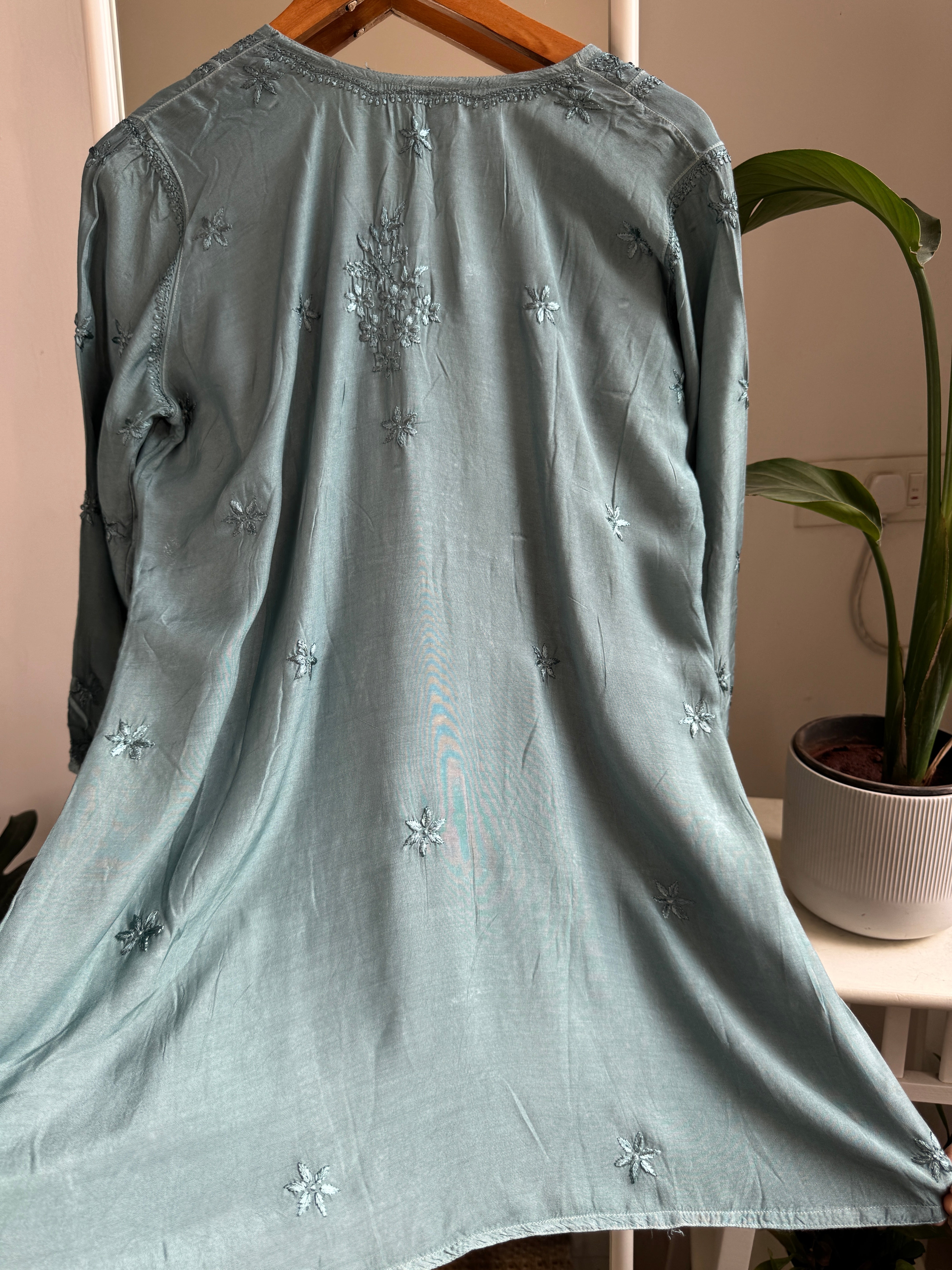 Chikankari Muslin Peplum short Top in Turquoise ARIAA CHIKANKARI 