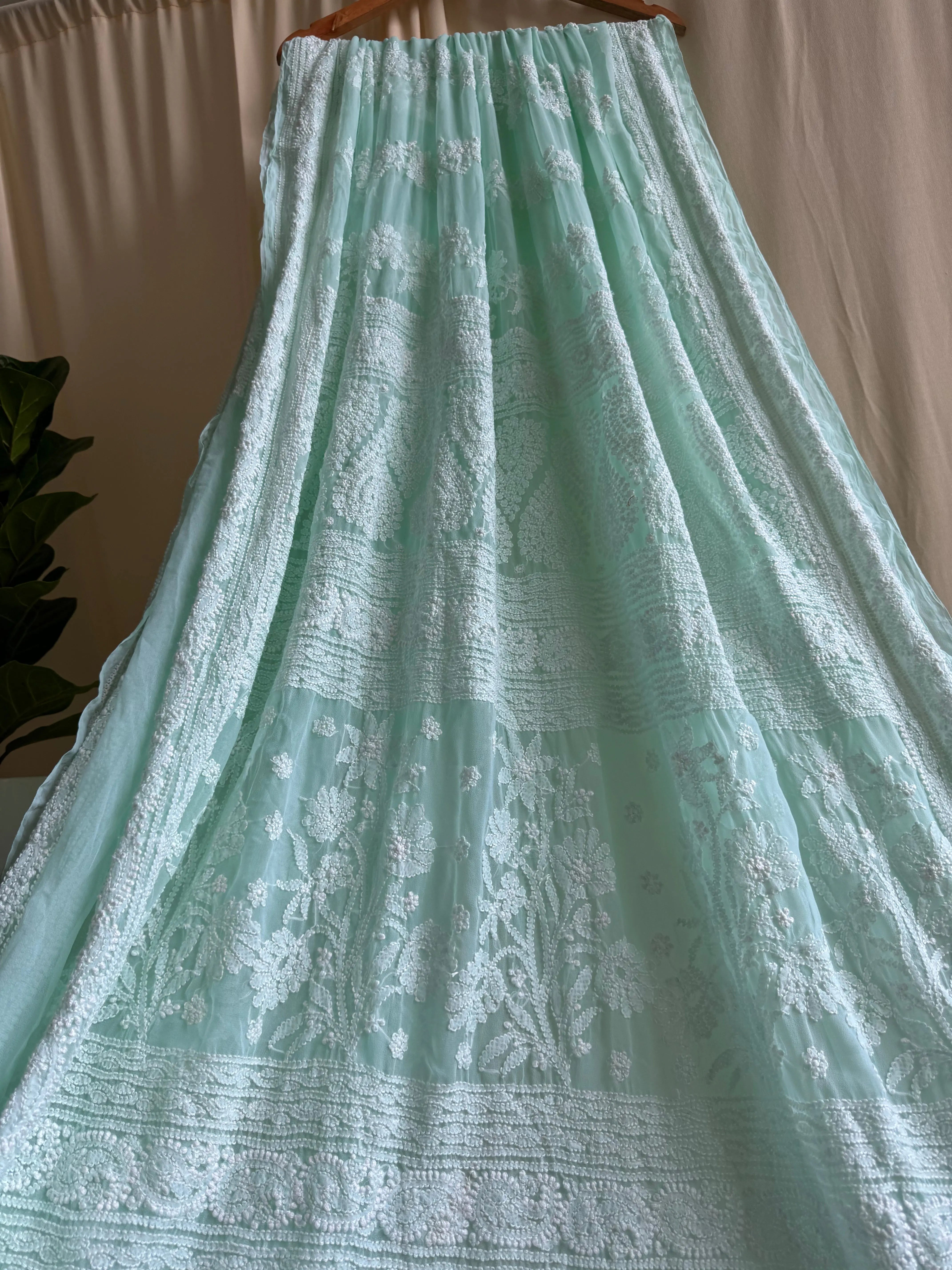 Georgette Chikankari saree in Sea Green ARIAA CHIKANKARI 