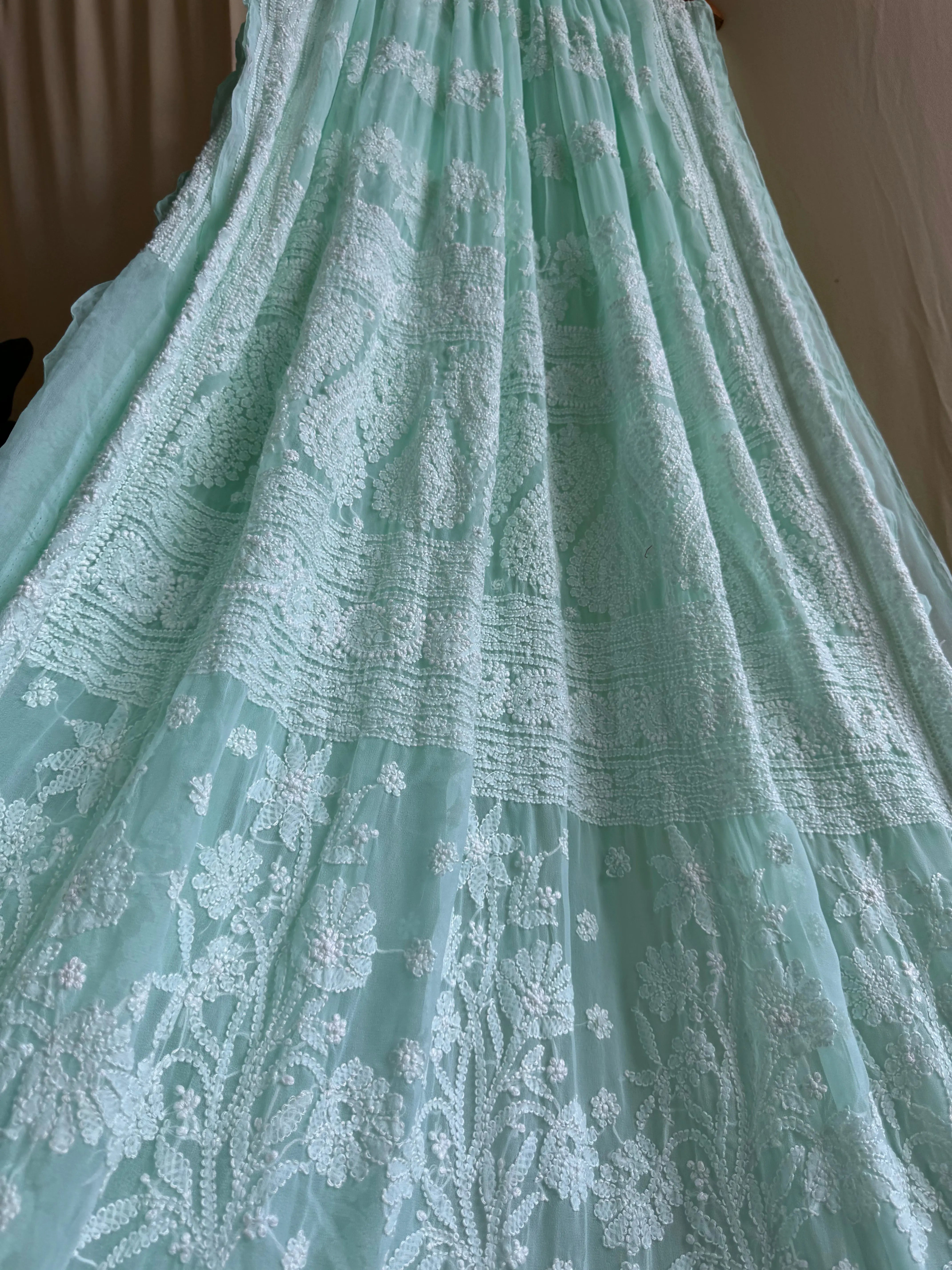 Georgette Chikankari saree in Sea Green ARIAA CHIKANKARI 