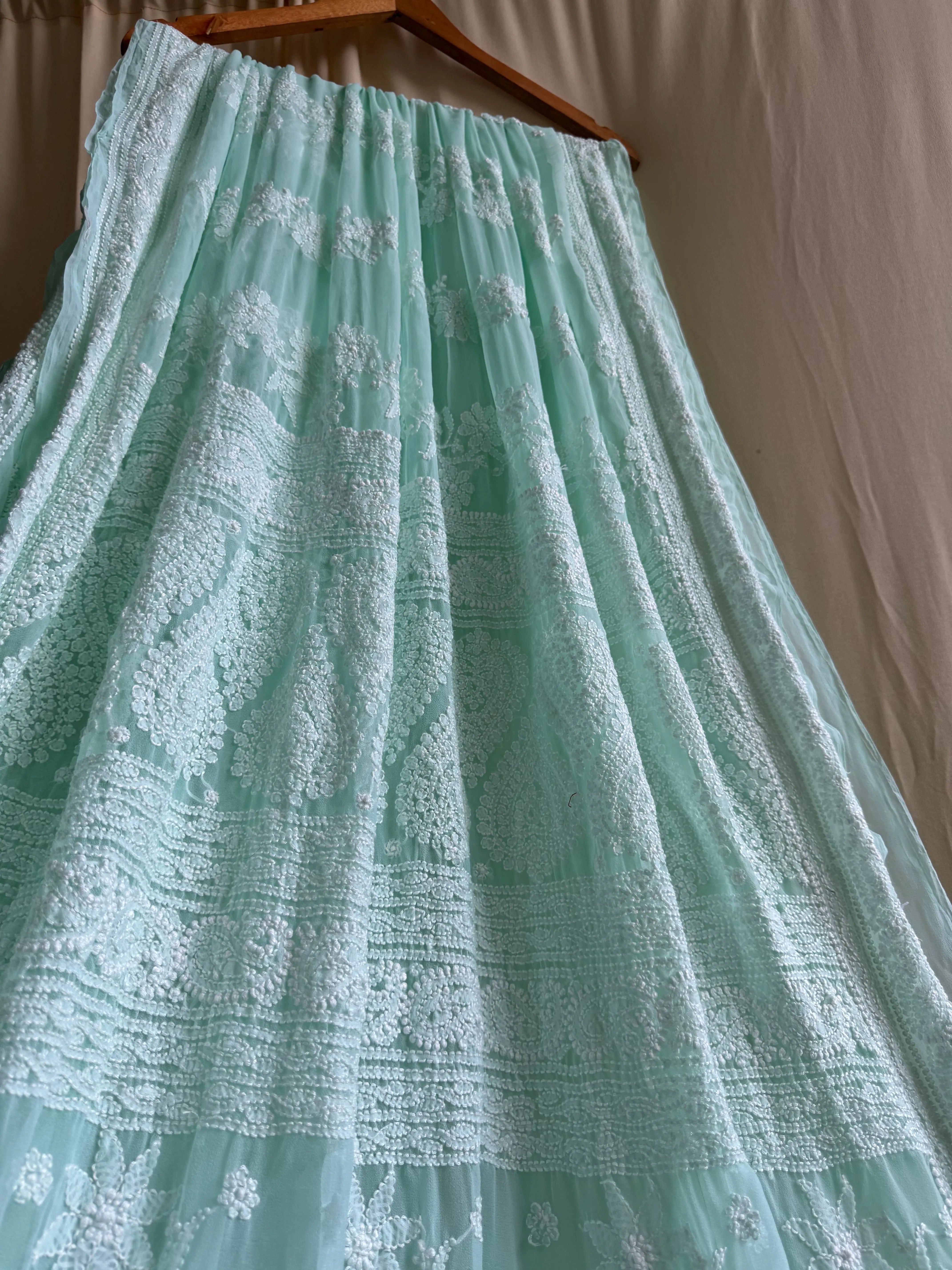 Georgette Chikankari saree in Sea Green ARIAA CHIKANKARI 